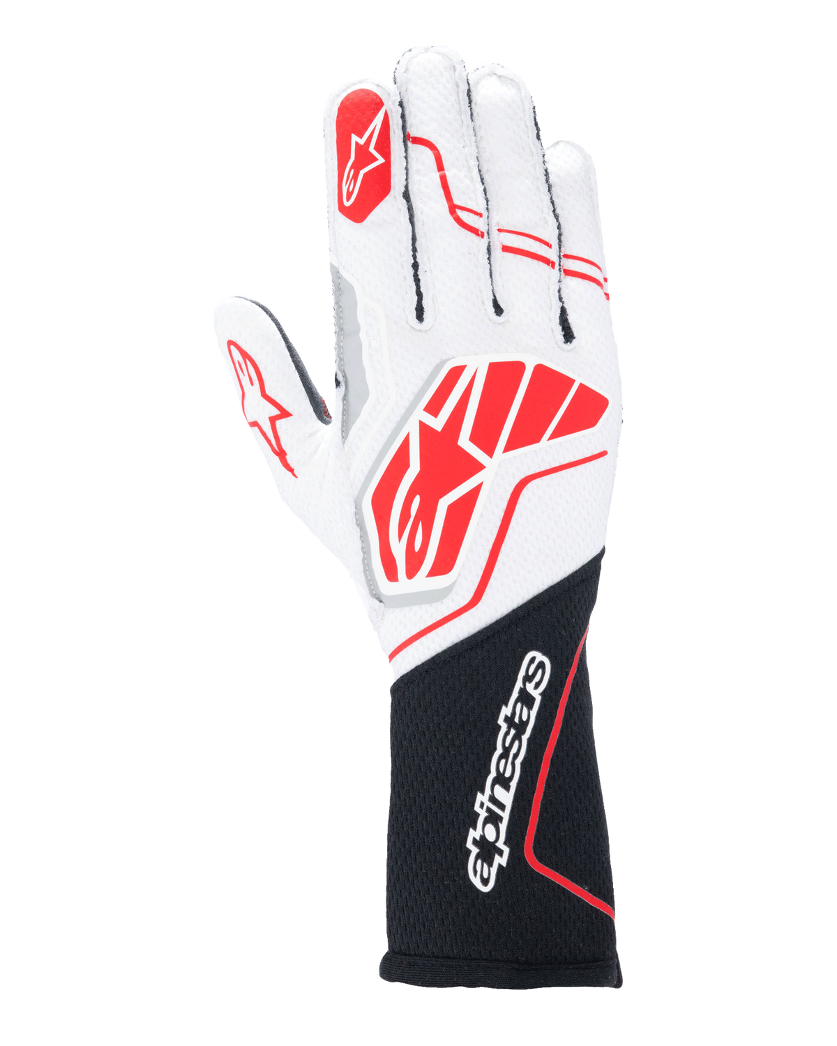 Alpinestars Tech-1 ZX V4 Gloves, Auto Racing Gloves, White and Black with Red accents, textured honeycomb fabric with external seams, large red logo on back of hand, black extended wrist section with white Alpinestars wordmark