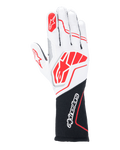 Alpinestars Tech-1 ZX V4 Gloves, Auto Racing Gloves, White and Black with Red accents, textured honeycomb fabric with external seams, large red logo on back of hand, black extended wrist section with white Alpinestars wordmark