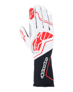 Alpinestars Tech-1 ZX V4 Gloves, Auto Racing Gloves, White and Black with Red accents, textured honeycomb fabric with external seams, large red logo on back of hand, black extended wrist section with white Alpinestars wordmark