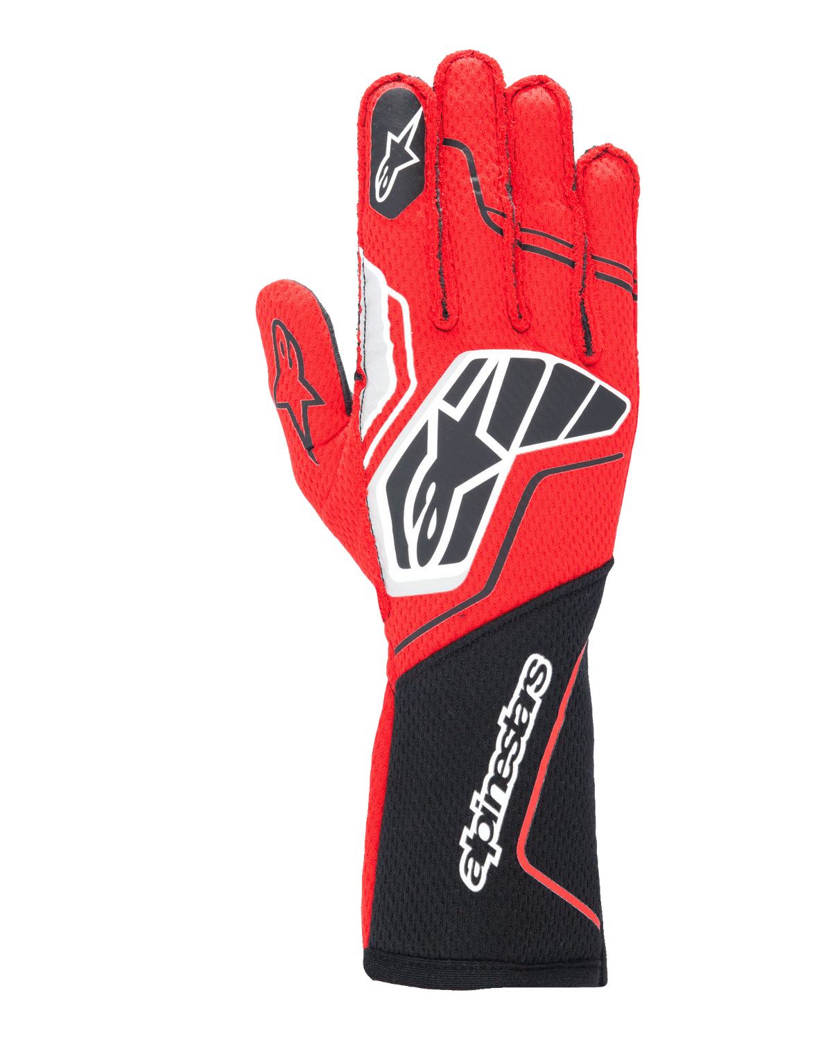 Alpinestars Tech-1 ZX V4 handsker, professionelle auto-racinghandsker, rød og sort med hvide detaljer, honeycomb-stofkonstruktion, stort logo, ergonomisk design til motorsportsperformance