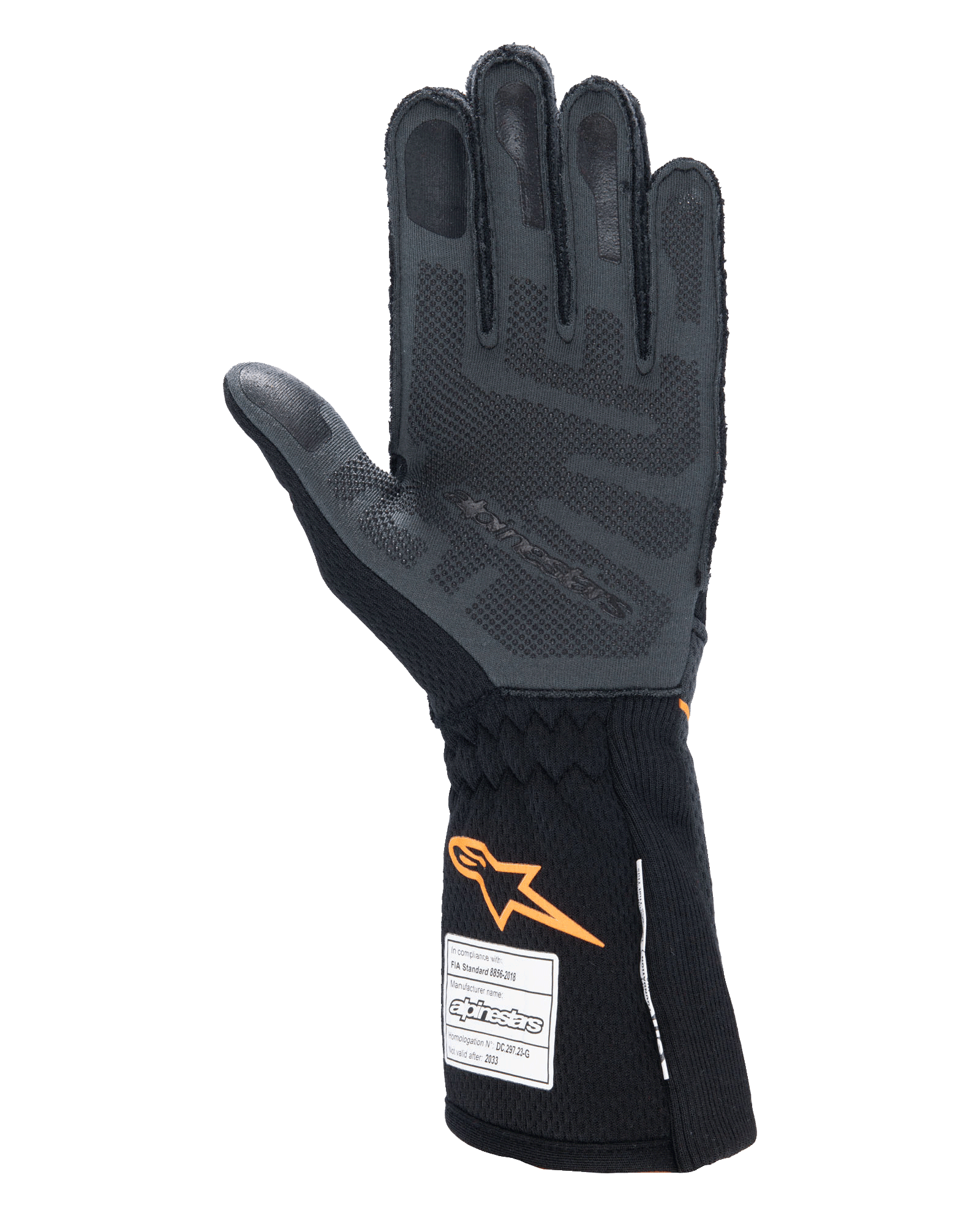 Alpinestars Tech-1 ZX V4 Gloves, Auto Racing Gloves, Black and Orange Fluo, palm view showing 3D silicone grip patterning and honeycomb texture, FIA and SFI homologation labels visible on the cuff, professional motorsport gear
