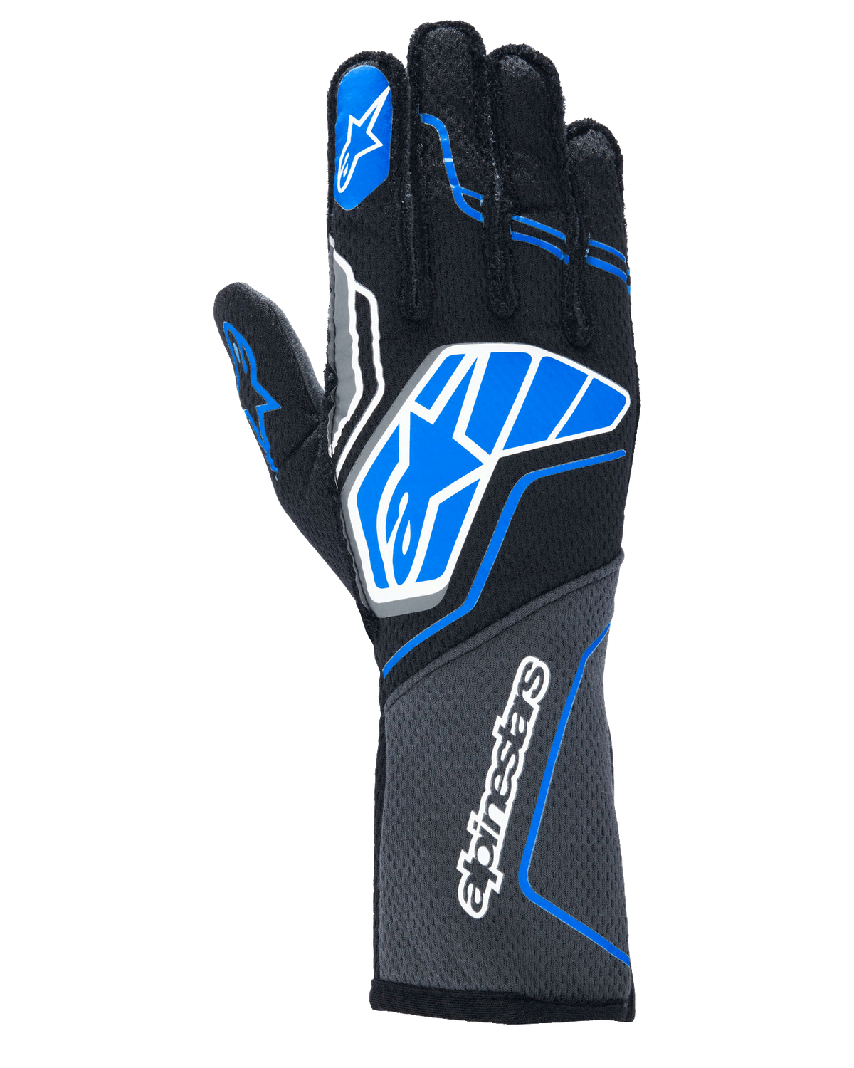 Alpinestars Tech-1 ZX V4 handsker, racinghandsker til bilsport, sort med blå og grå detaljer, hvidt Alpinestars stjernelogo og navnetræk, honeycomb-tekstilkonstruktion, professionelt motorsportudstyr