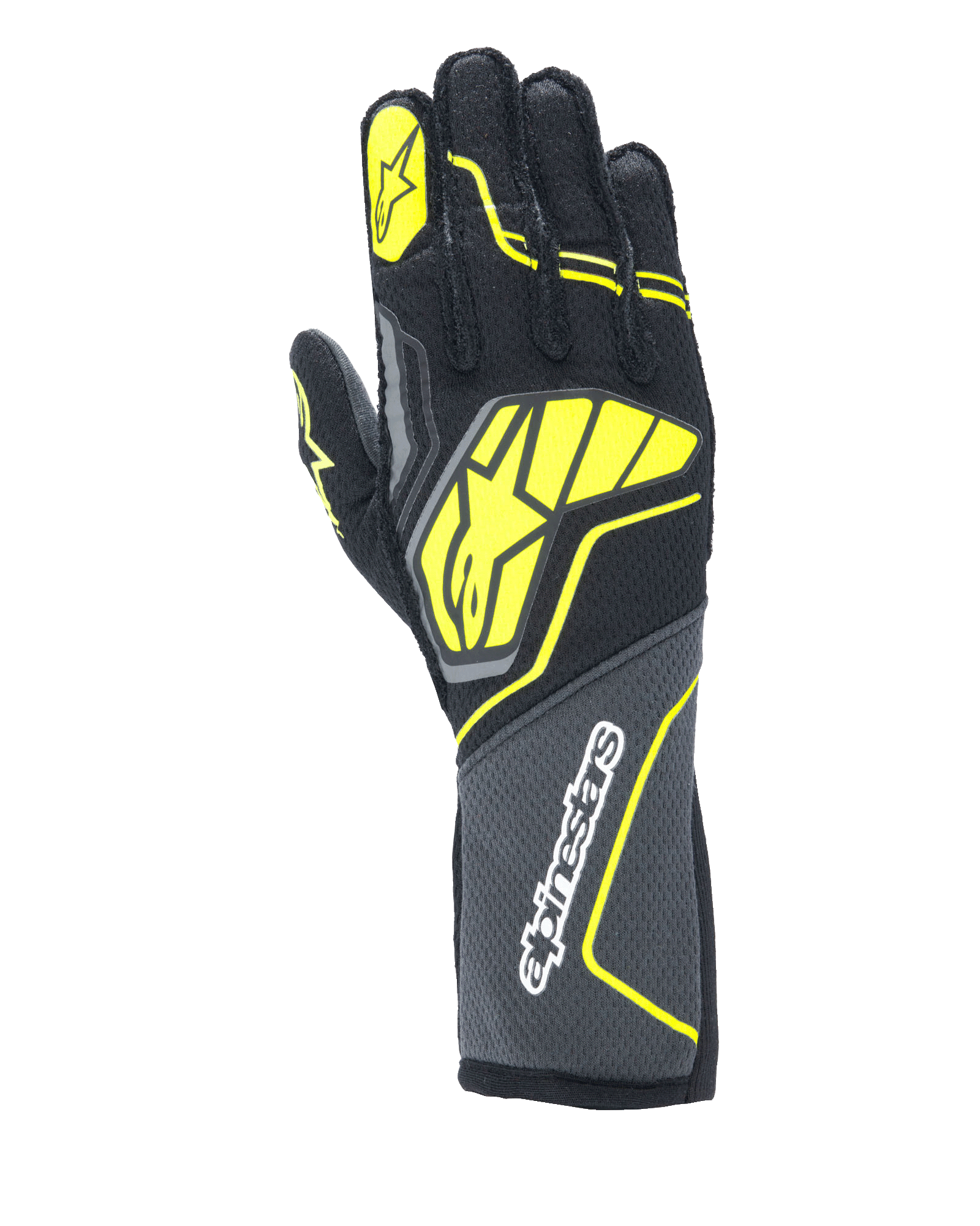 Alpinestars Tech-1 ZX V4 handsker, racinghandsker til motorsport, koksgrå, sort og fluoriserende gul, med et stort gult stjernelogo på bagsiden og hvid branding på manchetten, honeycomb-tekstureret stof med vinklede neondetaljer, professionelt motorsportudstyr