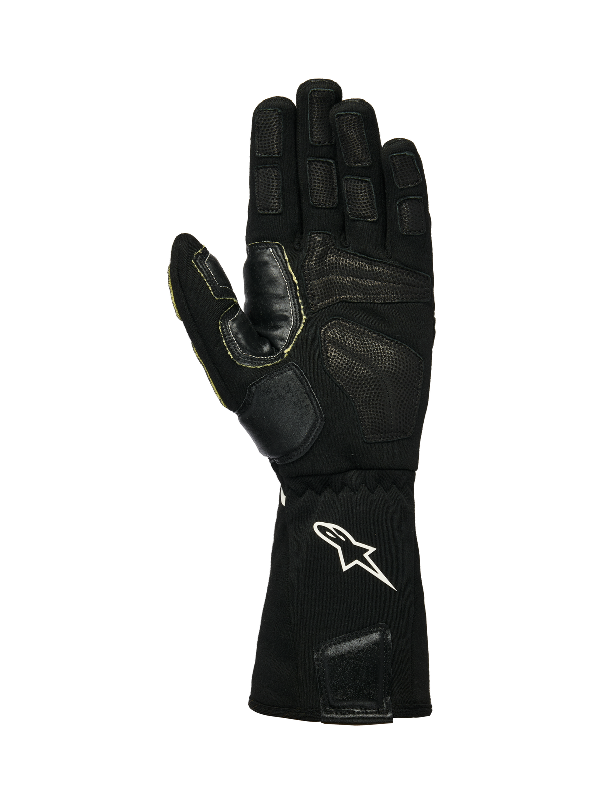 Alpinestars Tech-M V2 handsker FIA, pit-crew handsker, sort og hvid, håndfladevisning der viser tekstureret læder og silikone-grebspatches, hvidt stjernelogo på den elastiske manchet, designet til brug af hjulnøgle i motorsport
