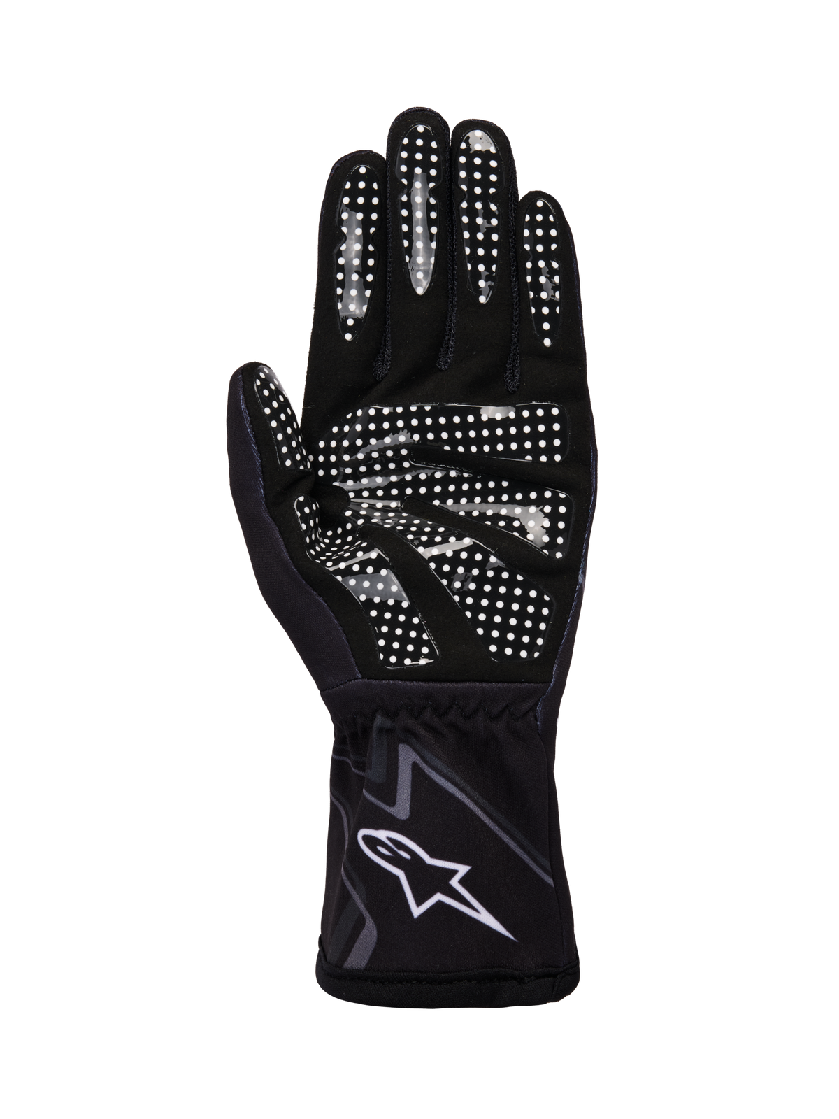 Alpinestars Tech-1 K Race V2 handsker Graphic 1, kartinghandsker, sort, mørkegrå og hvid, visning af håndfladen med hvidt silikonegreb-mønster og Alpinestars-logo på manchetten