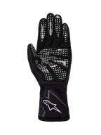 Alpinestars Tech-1 K Race V2 handsker Graphic 1, kartinghandsker, sort, mørkegrå og hvid, visning af håndfladen med hvidt silikonegreb-mønster og Alpinestars-logo på manchetten