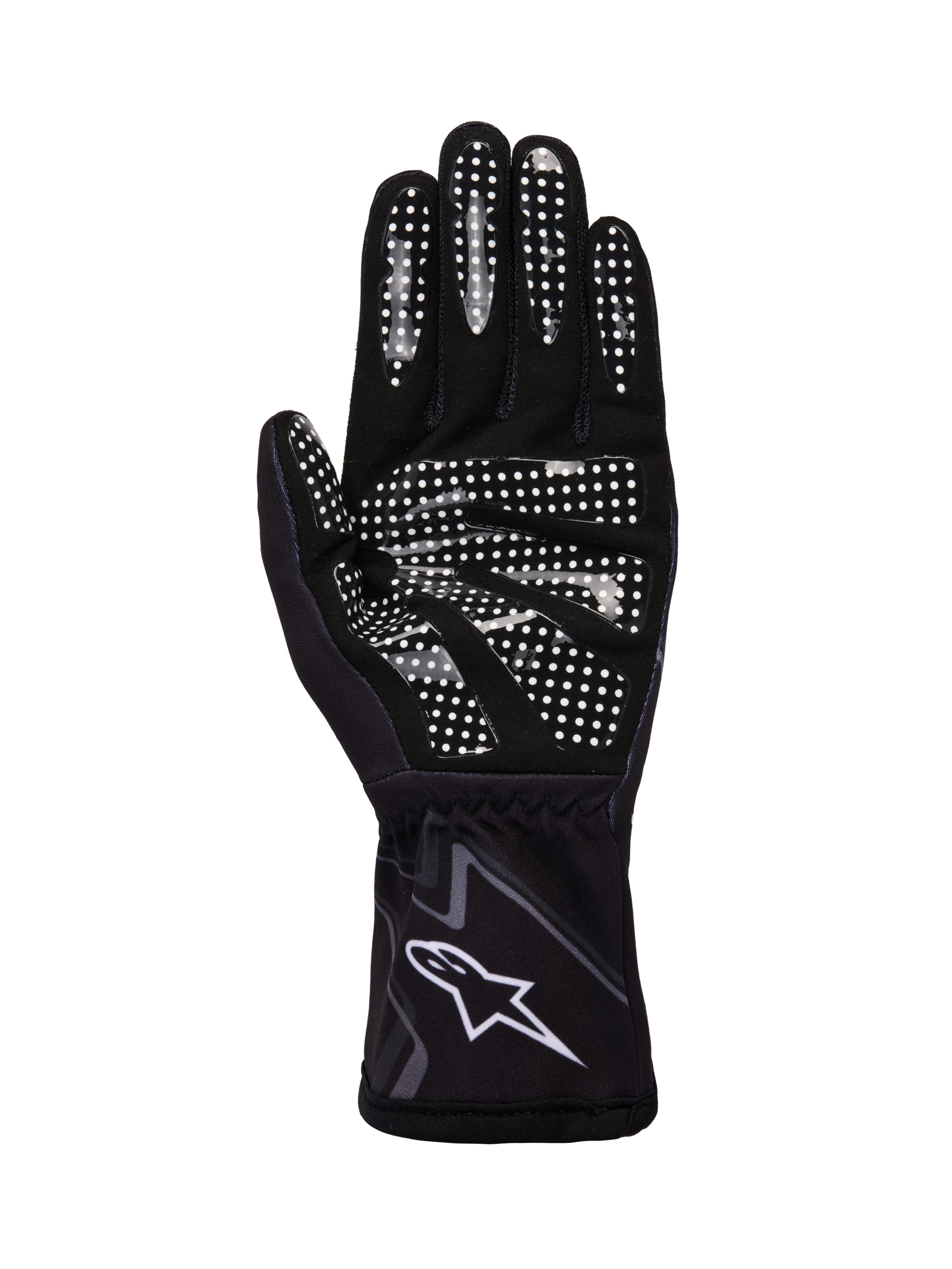 Alpinestars Tech-1 K Race V2 handsker Graphic 1, kartinghandsker, sort, mørkegrå og hvid, visning af håndfladen med hvidt silikonegreb-mønster og Alpinestars-logo på manchetten