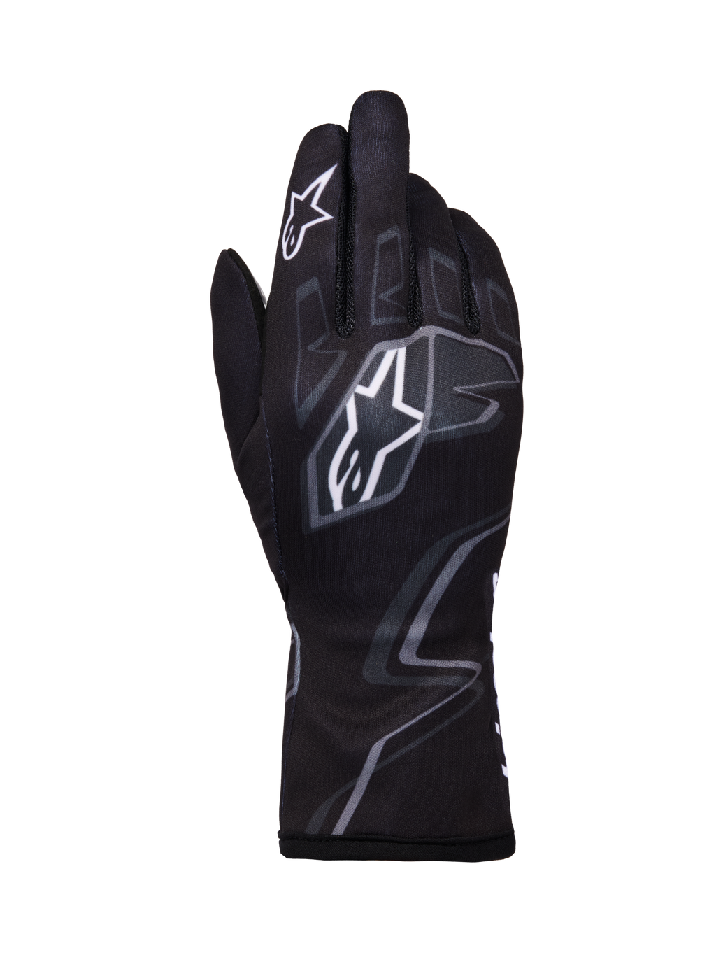 Alpinestars Tech-1 K Race V2 Graphic 1 handsker, karting-racerhandsker, sort med hvide og grå geometriske mønstre, med Alpinestars stjernelogo, letvægts tekstilkonstruktion med printet grafik