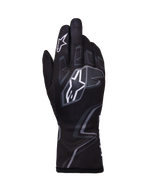 Alpinestars Tech-1 K Race V2 Graphic 1 handsker, karting-racerhandsker, sort med hvide og grå geometriske mønstre, med Alpinestars stjernelogo, letvægts tekstilkonstruktion med printet grafik