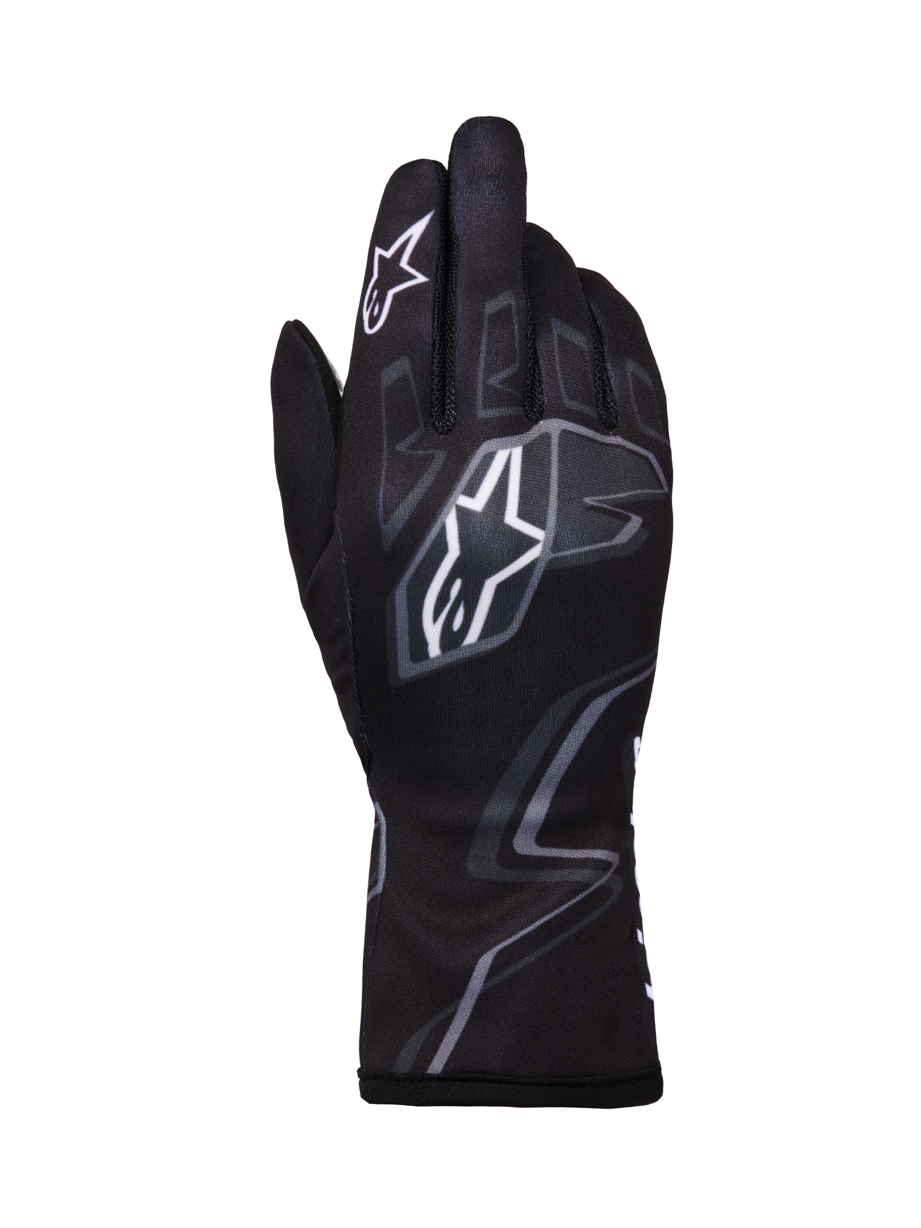 Alpinestars Tech-1 K Race V2 Graphic 1 handsker, karting-racerhandsker, sort med hvide og grå geometriske mønstre, med Alpinestars stjernelogo, letvægts tekstilkonstruktion med printet grafik