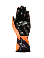 Alpinestars Tech-1 K Race V2 handsker Graphic 1, kartinghandsker, orange fluo og sort, set fra håndfladen med hvidt silikonegrebsmønster og Alpinestars-logo på manchetten