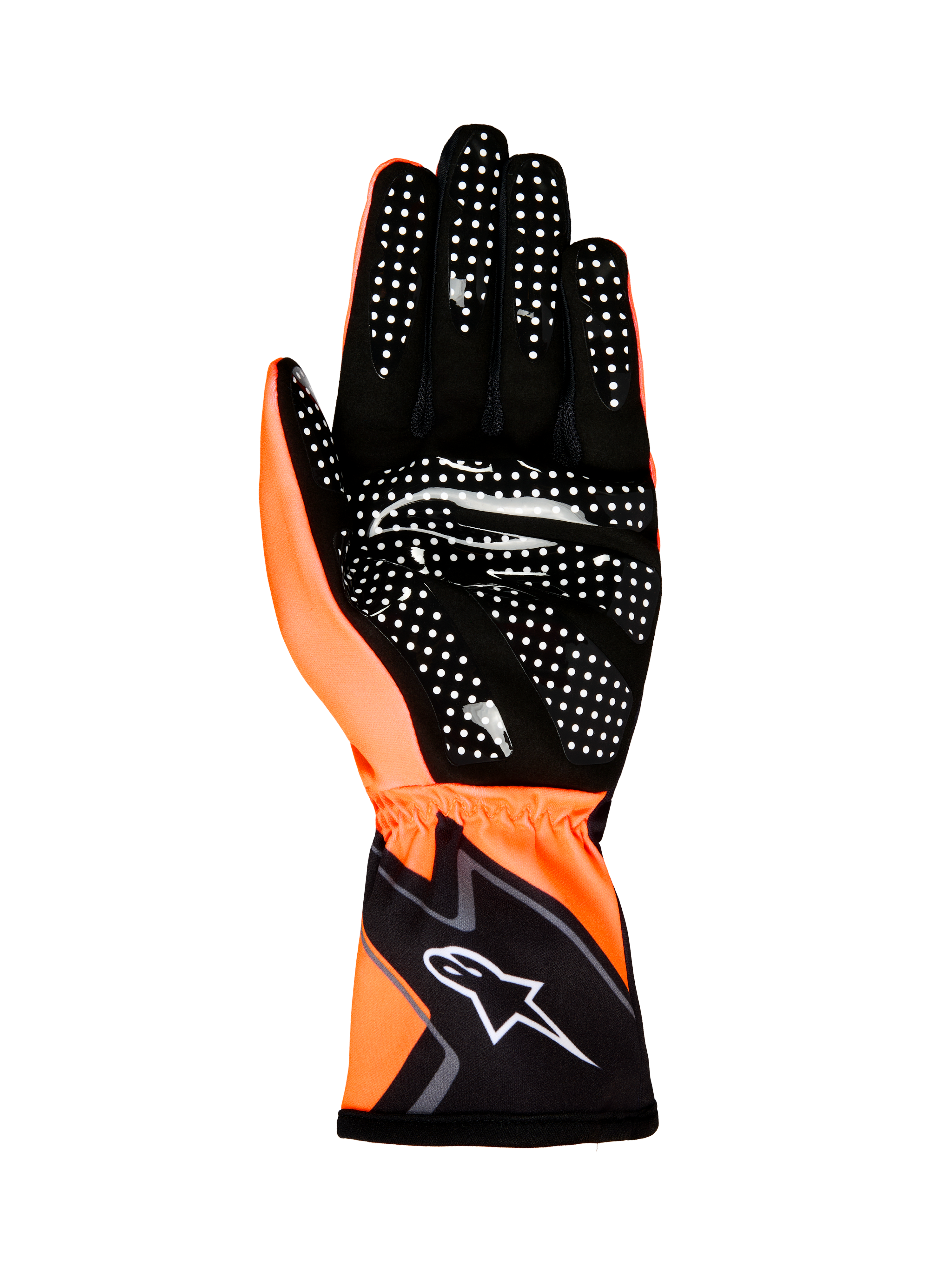 Alpinestars Tech-1 K Race V2 handsker Graphic 1, kartinghandsker, orange fluo og sort, set fra håndfladen med hvidt silikonegrebsmønster og Alpinestars-logo på manchetten