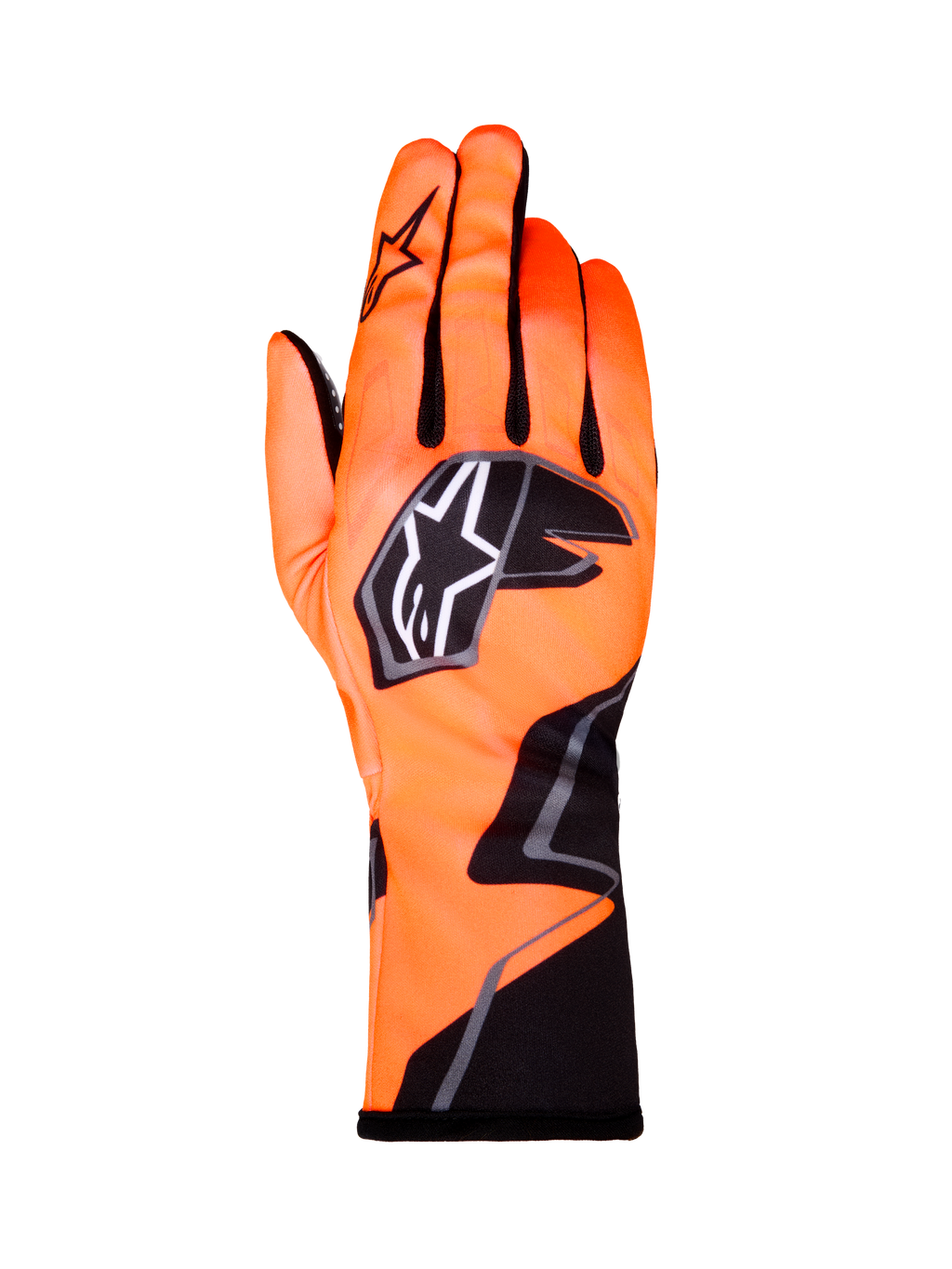 Alpinestars Tech-1 K Race V2 Graphic 1 handsker, karting-racinghandsker, orange fluo med sorte og hvide detaljer, set bagfra af venstre handske, markant stjerne-logo, tætsiddende tekstildesign med kantet grafik