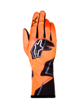 Alpinestars Tech-1 K Race V2 Graphic 1 handsker, karting-racinghandsker, orange fluo med sorte og hvide detaljer, set bagfra af venstre handske, markant stjerne-logo, tætsiddende tekstildesign med kantet grafik