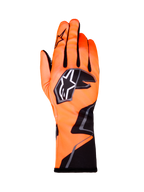 Alpinestars Tech-1 K Race V2 Graphic 1 handsker, karting-racinghandsker, orange fluo med sorte og hvide detaljer, set bagfra af venstre handske, markant stjerne-logo, tætsiddende tekstildesign med kantet grafik