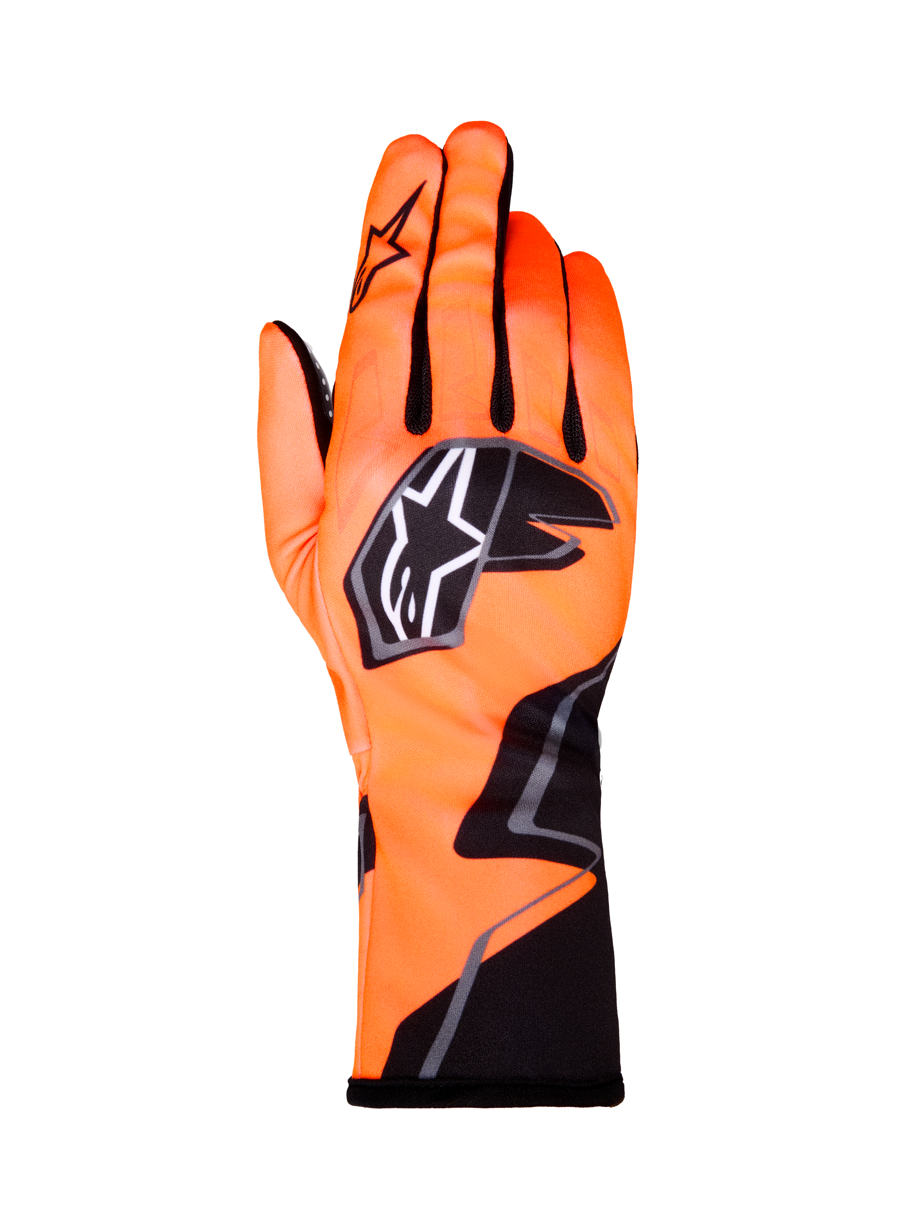 Alpinestars Tech-1 K Race V2 Graphic 1 handsker, karting-racinghandsker, orange fluo med sorte og hvide detaljer, set bagfra af venstre handske, markant stjerne-logo, tætsiddende tekstildesign med kantet grafik