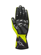 Alpinestars Tech-1 K Race V2 Gloves Graphic 1, Yellow Fluo Black and White, palm side view featuring black synthetic suede with a white silicone dotted grip pattern, elasticated cuff with white Alpinestars logo, high-performance karting glove