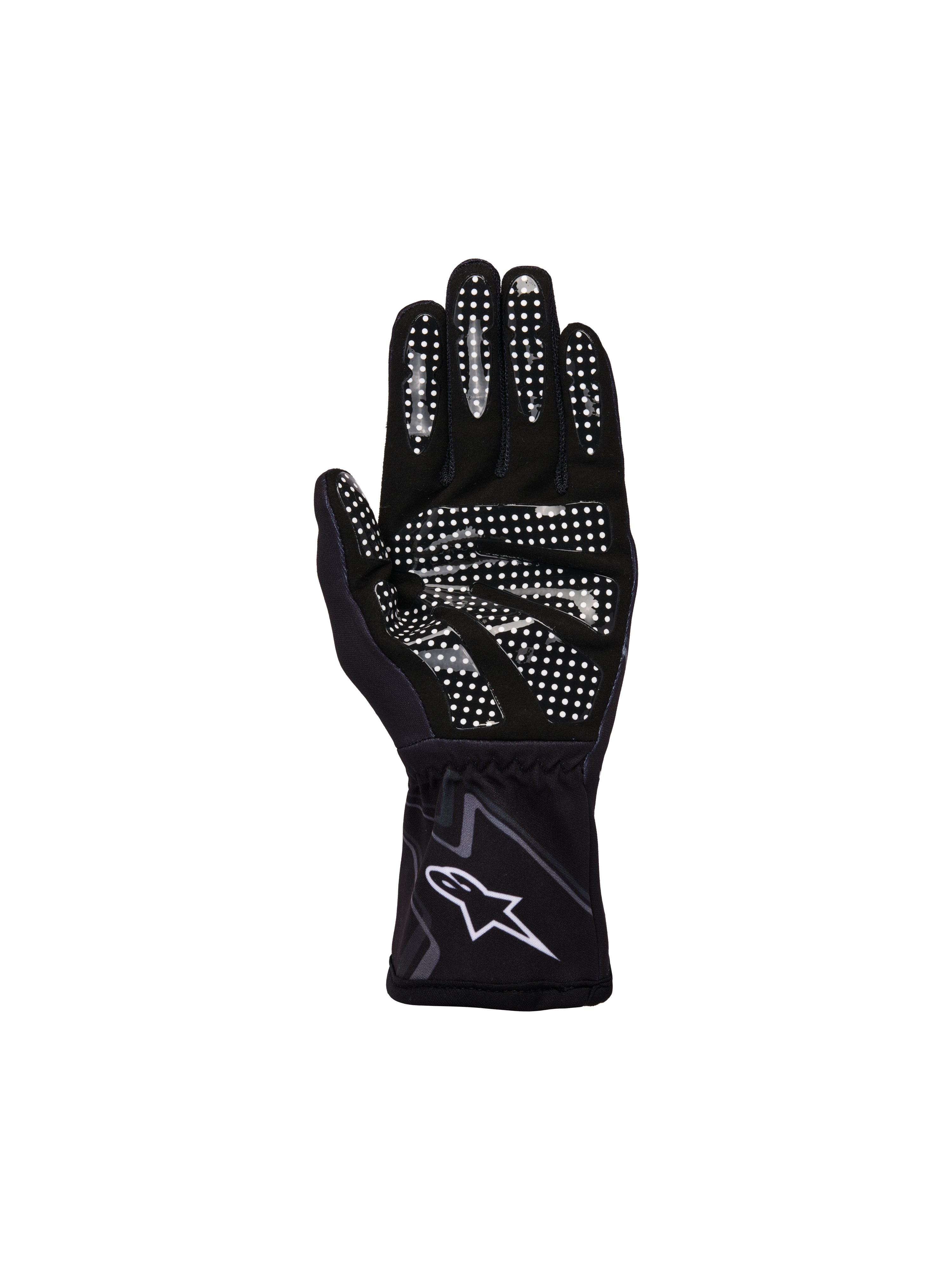 Alpinestars Youth Tech-1 K Race S V2 Graphic 1 Gloves, Black Tar Gray and White, palm view featuring white silicone grip pattern on fingers and palm, synthetic suede construction, white A-star logo on elasticated cuff