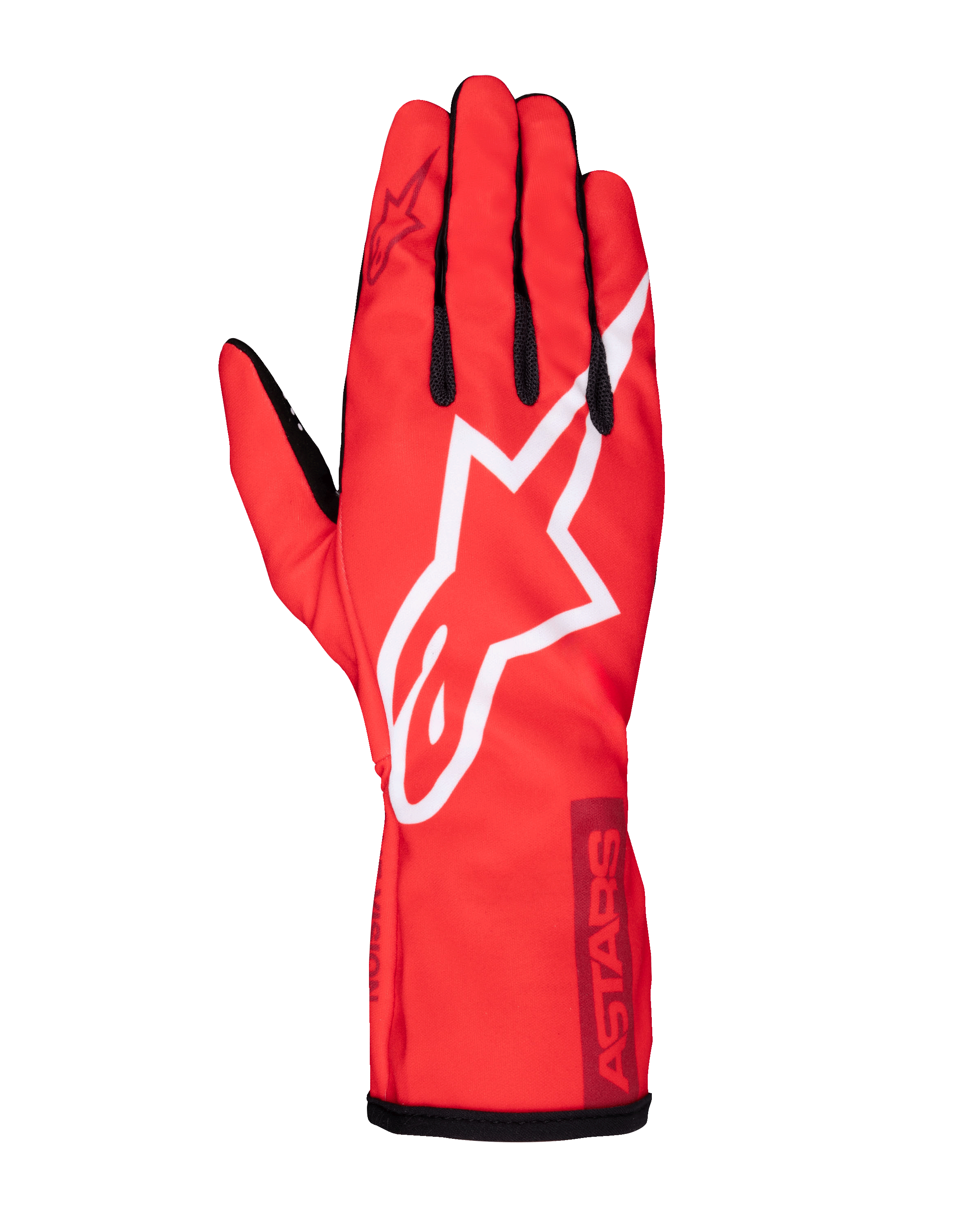 Alpinestars Youth Tech-1 K Race S V2 Pure handsker, karting racinghandsker, klar rød med stort hvidt Alpinestars stjernelogo, sorte detaljer på fingre og manchet, letvægts polyester-mesh konstruktion til unge kørere, set oppefra