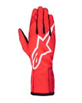 Alpinestars Tech-1 K Race V2 Pure Gloves, Karting Racing Gloves, Red with white and burgundy accents, featuring a prominent white star logo, black finger details, and ASTARS branding on the cuff, lightweight performance gear for drivers