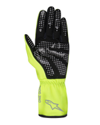Alpinestars Youth Tech-1 K Race S V2 Pure handsker, gokarthandsker, neon-gul og sort, håndfladevisning med silikoneprikket mønster for greb, syntetisk ruskindsmateriale, klar gul gauntlet-manchet med gråt Alpinestars-logo og elastisk håndled.
