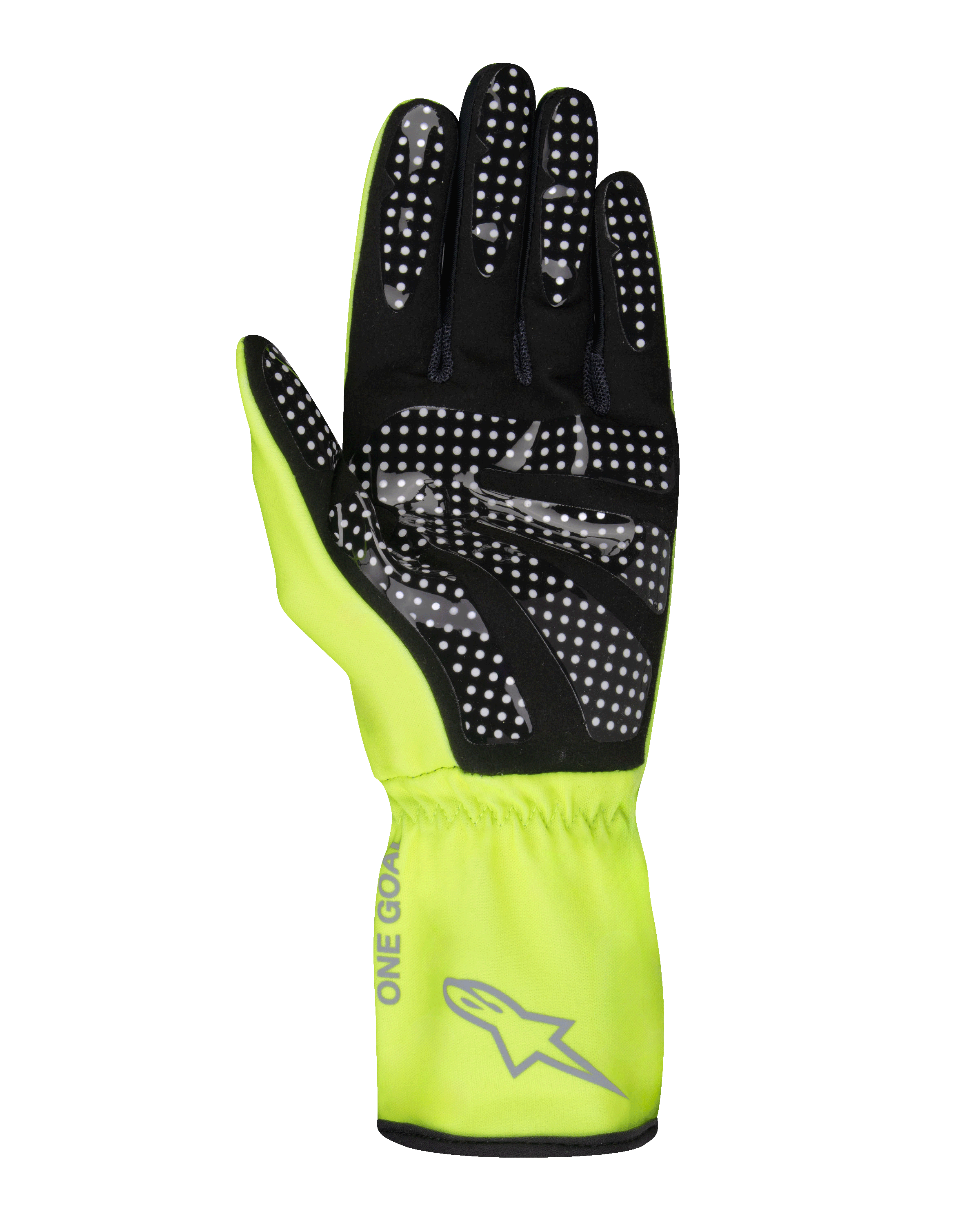 Alpinestars Youth Tech-1 K Race S V2 Pure handsker, gokarthandsker, neon-gul og sort, håndfladevisning med silikoneprikket mønster for greb, syntetisk ruskindsmateriale, klar gul gauntlet-manchet med gråt Alpinestars-logo og elastisk håndled.