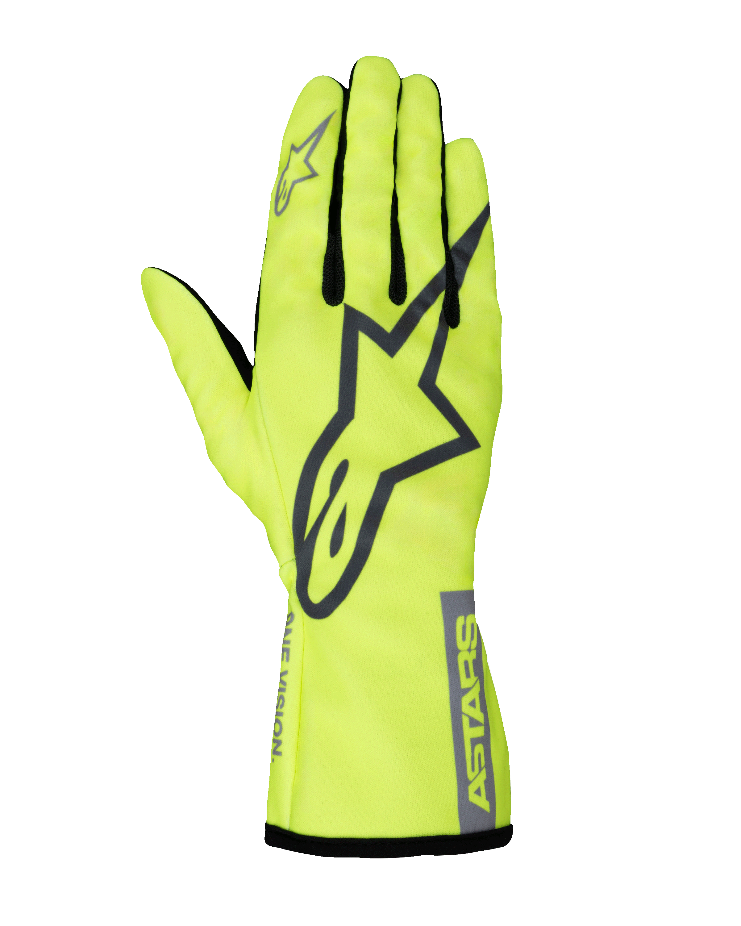 Alpinestars Tech-1 K Race V2 Pure Gloves, Karting Racing Gloves, Fluorescent Yellow and Gray, large star logo on the back, black finger gussets, high-visibility lightweight motorsport gear