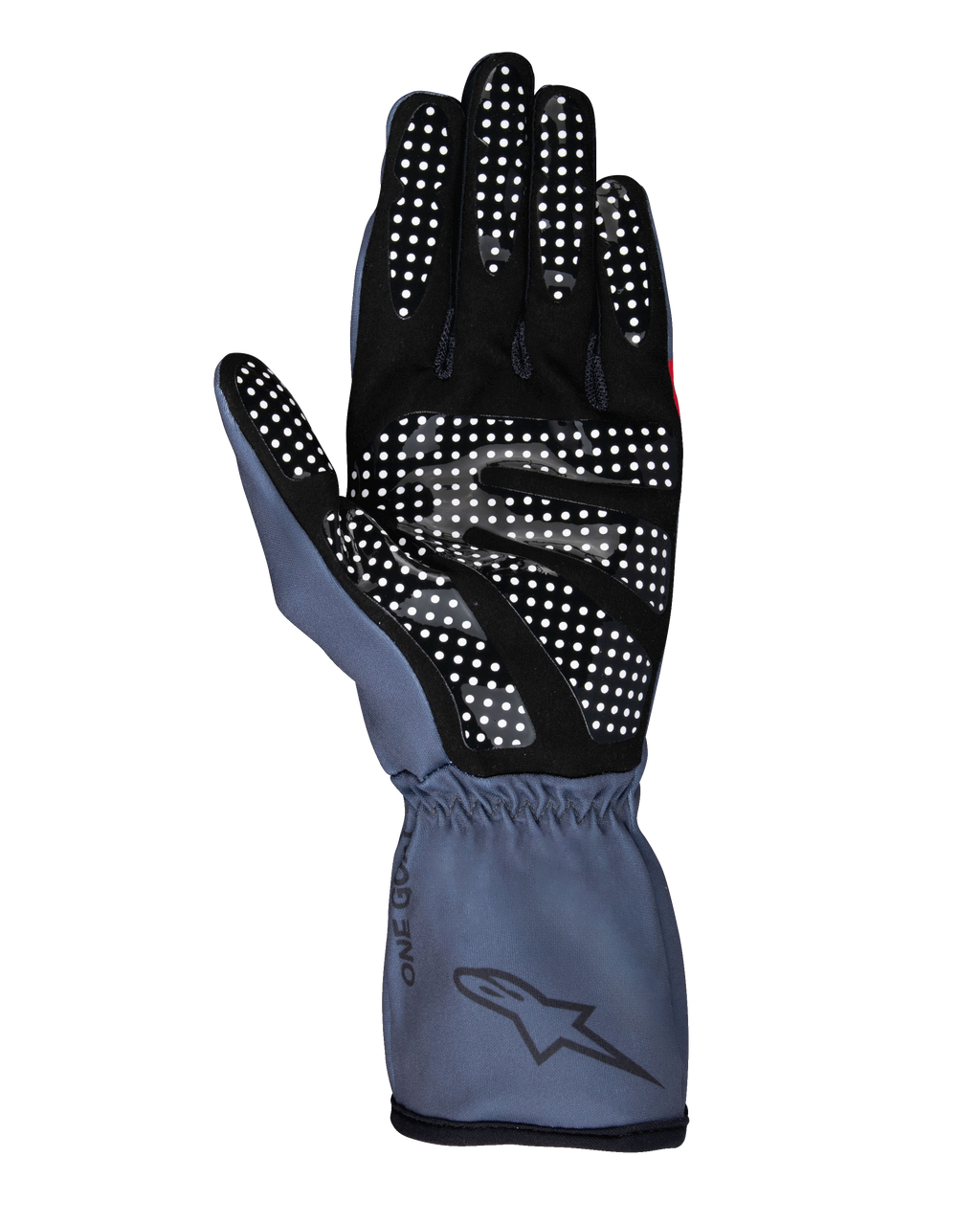 Alpinestars Tech-1 K Race V2 Pure handsker, kartinghandsker, asfalt og sort, set fra håndfladen med hvidt silikonegrebmønster, ergonomisk design med manchet og Alpinestars-branding