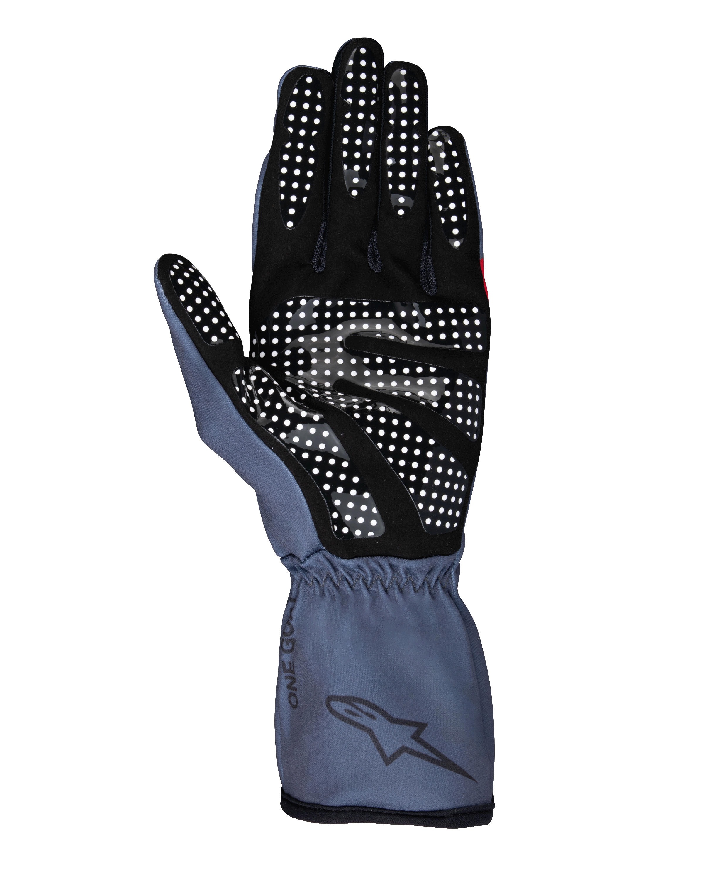 Alpinestars Tech-1 K Race V2 Pure handsker, kartinghandsker, asfalt og sort, set fra håndfladen med hvidt silikonegrebmønster, ergonomisk design med manchet og Alpinestars-branding