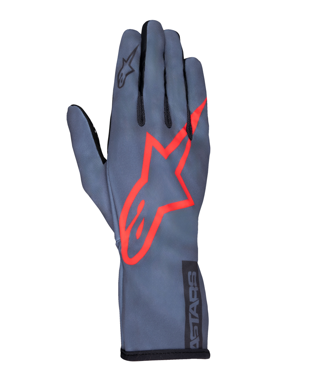 Alpinestars Tech-1 K Race V2 Pure handsker, karting racinghandsker, asfaltgrå og rød, med et stort rødt stjernelogo på oversiden, letvægts mesh-konstruktion, gauntlet-manchet, elegant performance-design til karting