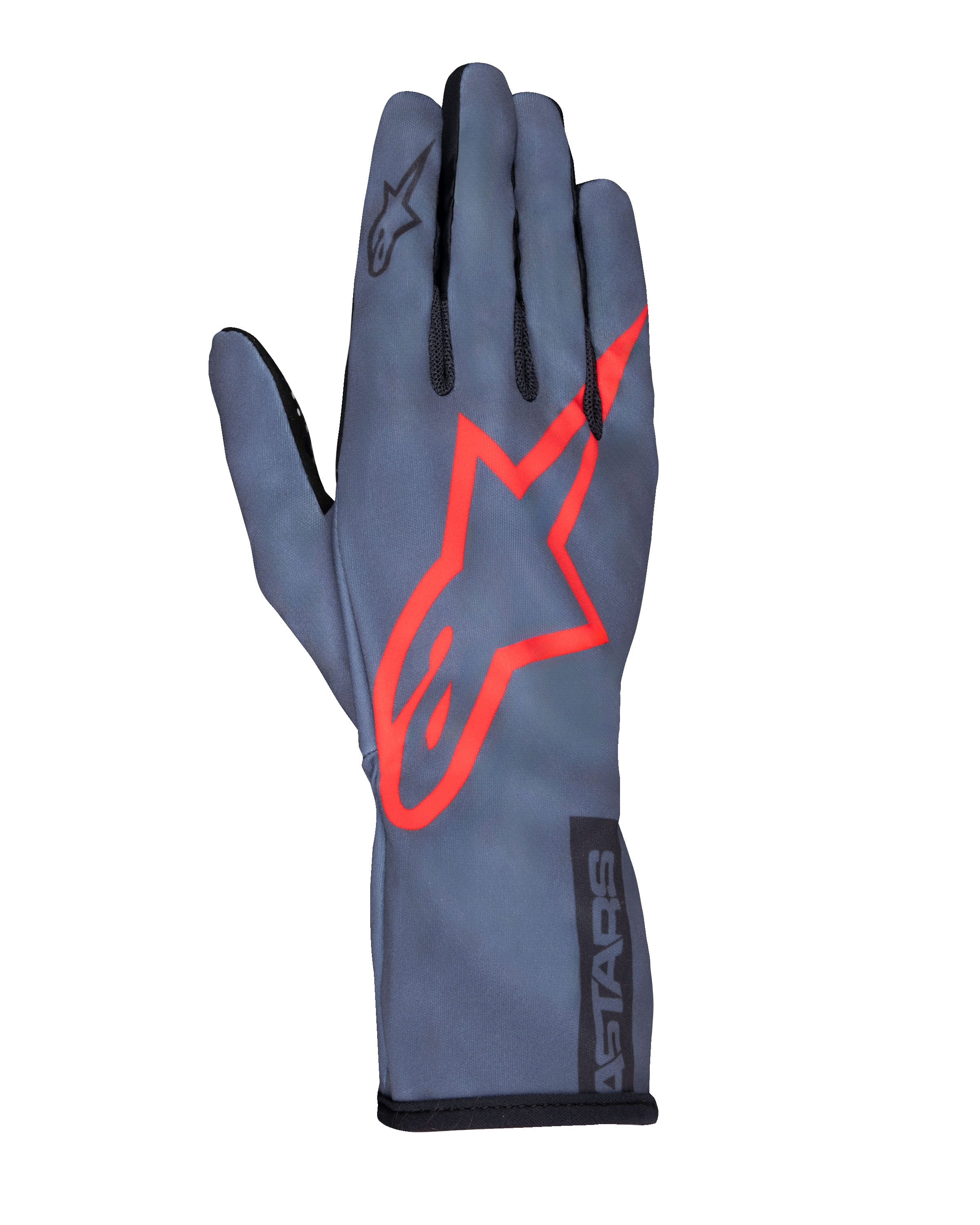 Alpinestars Tech-1 K Race V2 Pure handsker, karting racinghandsker, asfaltgrå og rød, med et stort rødt stjernelogo på oversiden, letvægts mesh-konstruktion, gauntlet-manchet, elegant performance-design til karting