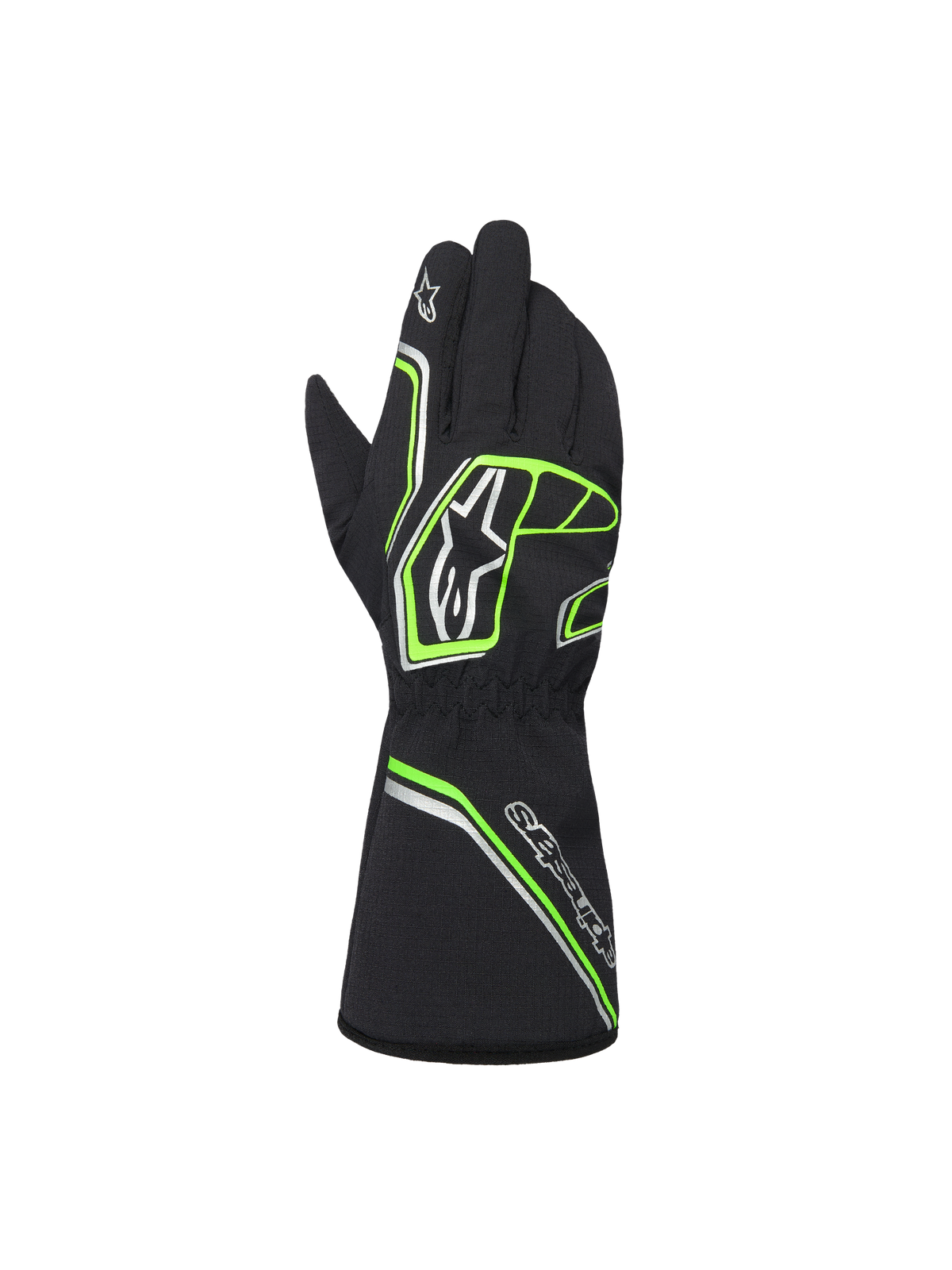 Alpinestars Youth Tempest V3 Waterproof S handsker, sort med neongrønne og sølvfarvede accenter, set bagfra med gauntlet-manchet, neongrønne geometriske mønstre og Astar-logoer, vandtætte kartinghandsker til unge kørere