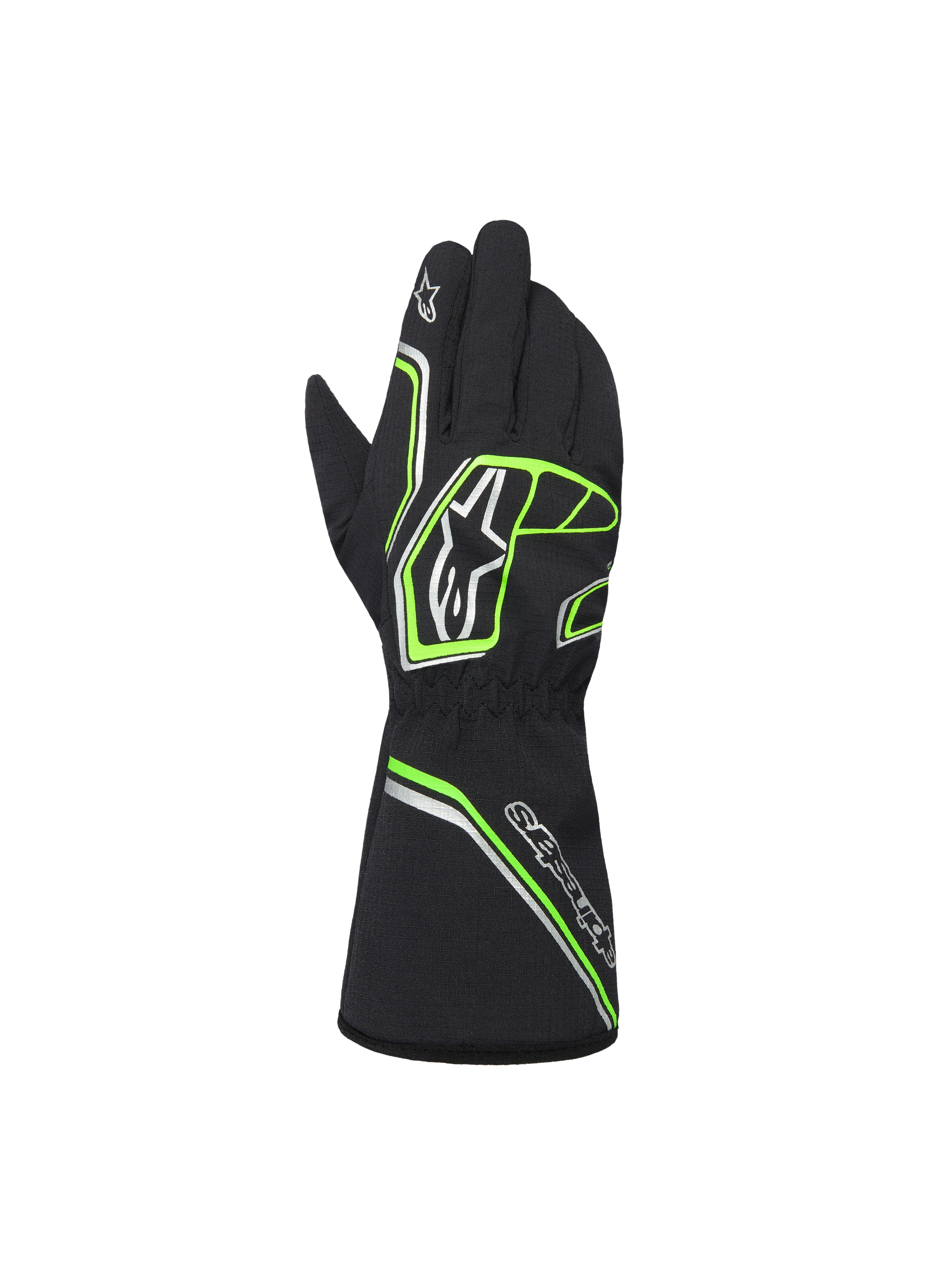 Alpinestars Youth Tempest V3 Waterproof S handsker, sort med neongrønne og sølvfarvede accenter, set bagfra med gauntlet-manchet, neongrønne geometriske mønstre og Astar-logoer, vandtætte kartinghandsker til unge kørere