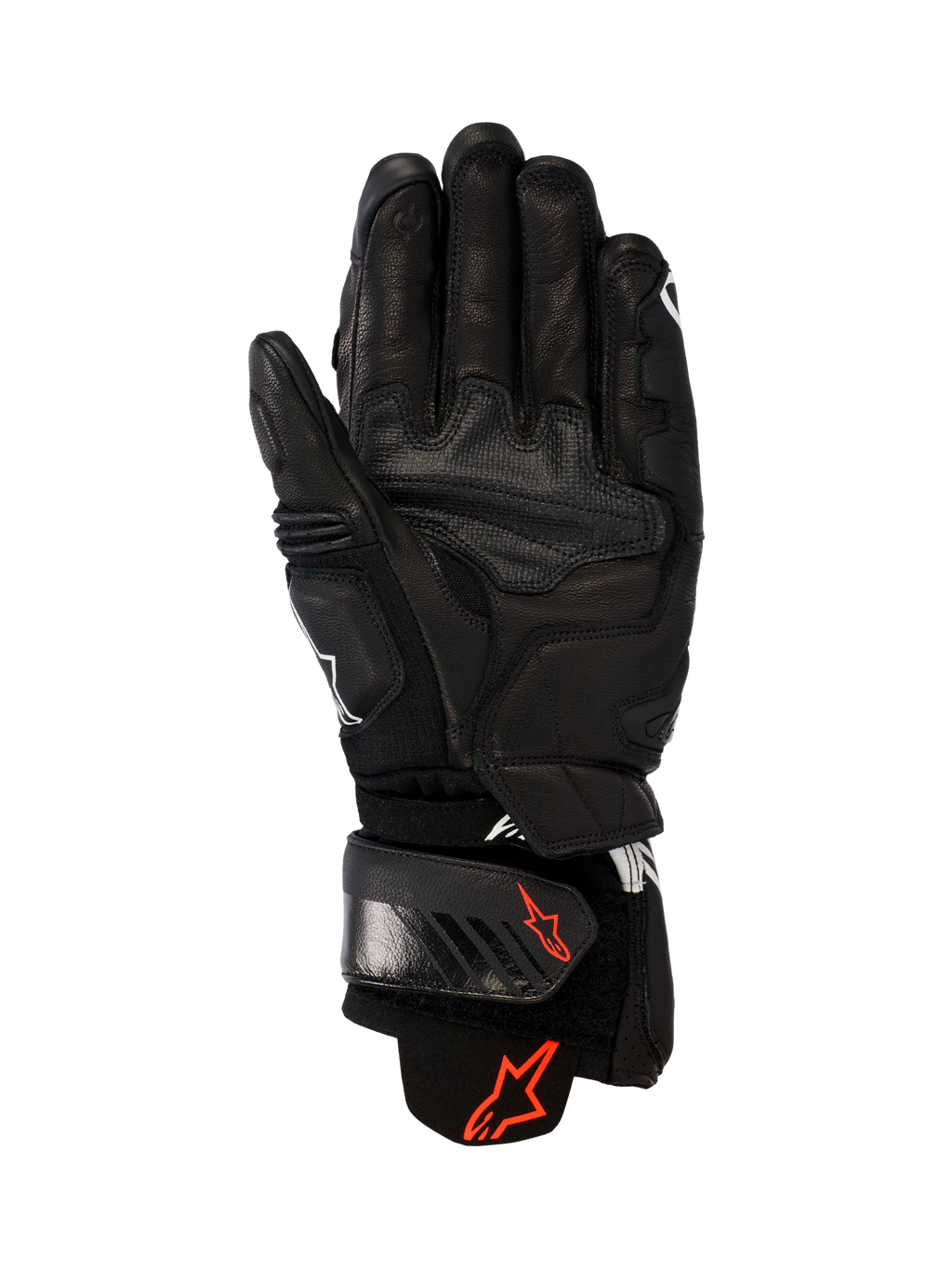 Alpinestars GP Plus R V3 læderhandsker, sort, set fra håndfladen, slidstærk læderkonstruktion, røde Astars-logoer på håndledsrem og manchet, forstærkede gribepaneler, justerbar lukning til racing og sport