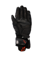 Alpinestars GP Plus R V3 læderhandsker, sort, set fra håndfladen, slidstærk læderkonstruktion, røde Astars-logoer på håndledsrem og manchet, forstærkede gribepaneler, justerbar lukning til racing og sport
