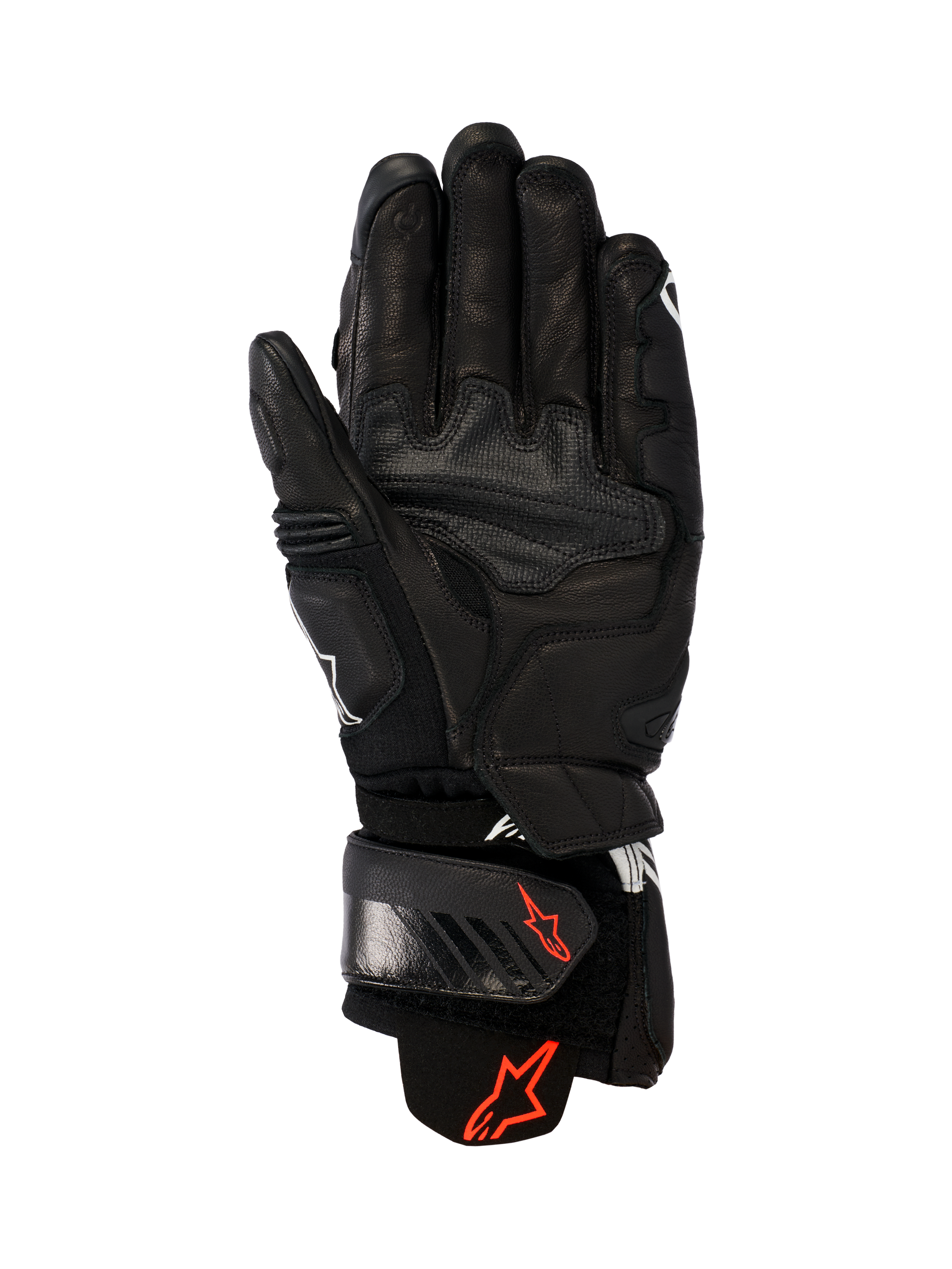 Alpinestars GP Plus R V3 læderhandsker, sort, set fra håndfladen, slidstærk læderkonstruktion, røde Astars-logoer på håndledsrem og manchet, forstærkede gribepaneler, justerbar lukning til racing og sport