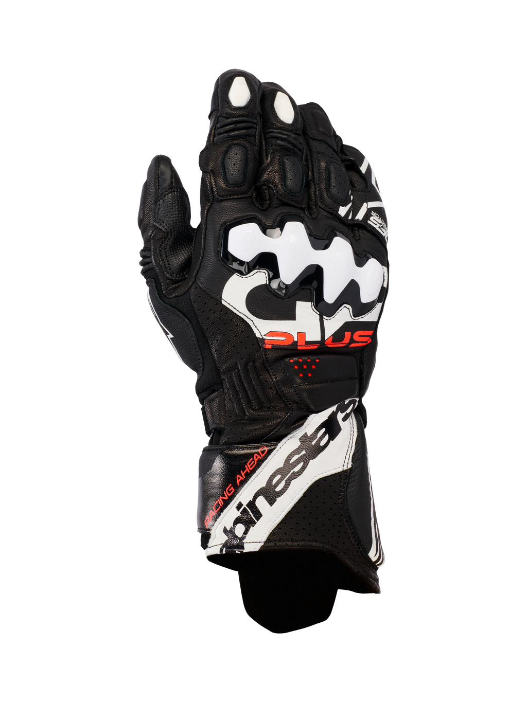 Alpinestars GP Plus R V3 læderhandsker, motorcykelracinghandsker, sort med hvide og røde accenter, hvide DFS-knobeskyttelser, perforeret læder for åndbarhed, markant Alpinestars-branding på manchetten