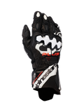 Alpinestars GP Plus R V3 læderhandsker, motorcykelracinghandsker, sort med hvide og røde accenter, hvide DFS-knobeskyttelser, perforeret læder for åndbarhed, markant Alpinestars-branding på manchetten