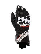 Alpinestars GP Plus R V3 læderhandsker, motorcykelracinghandsker, sort med hvide og røde accenter, hvide DFS-knobeskyttelser, perforeret læder for åndbarhed, markant Alpinestars-branding på manchetten
