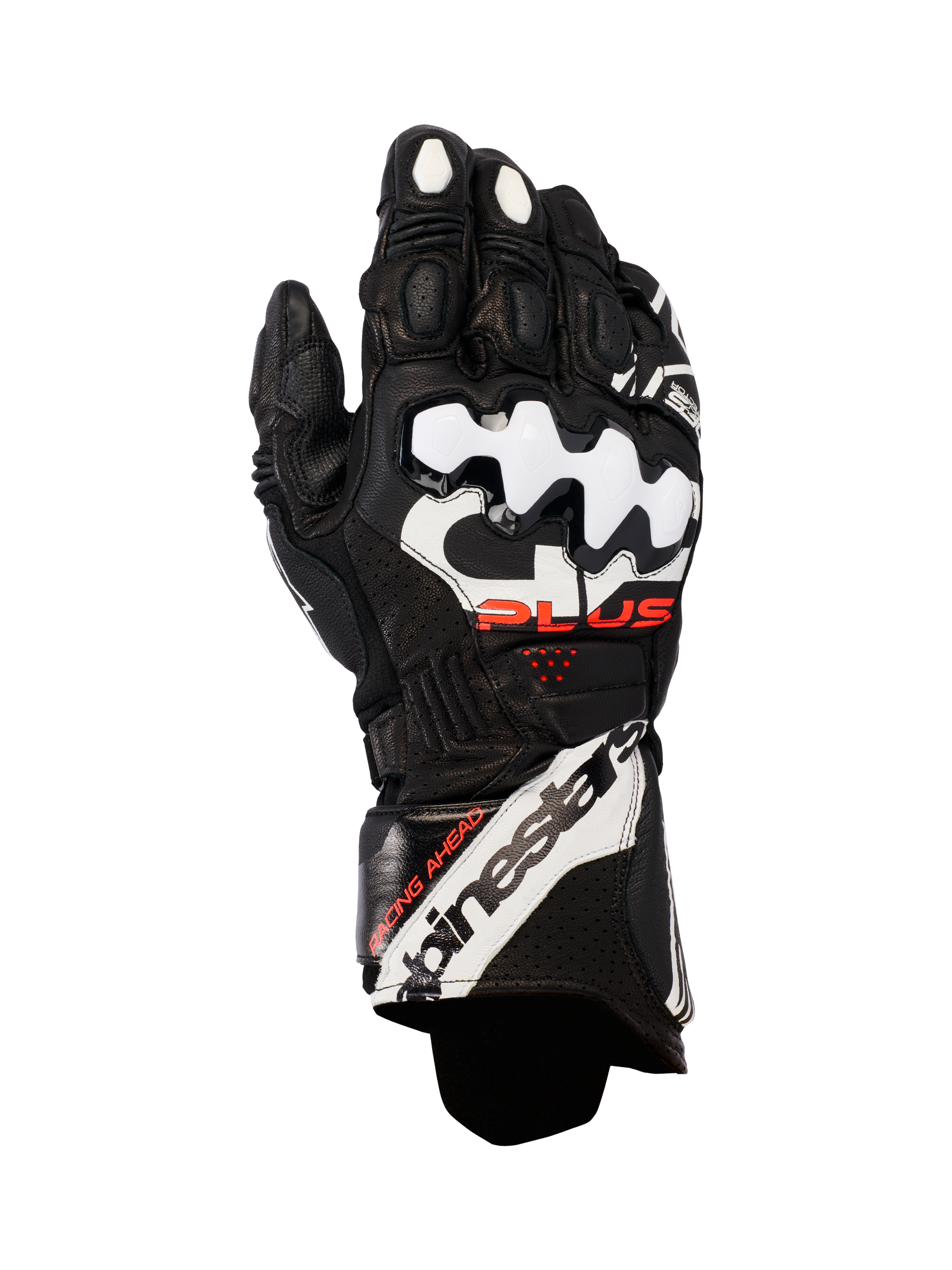 Alpinestars GP Plus R V3 Leather Gloves, Motorcycle Racing Gloves, Black with White and Red accents, featuring white DFS knuckle protectors, perforated leather for breathability, and bold Alpinestars branding on the cuff