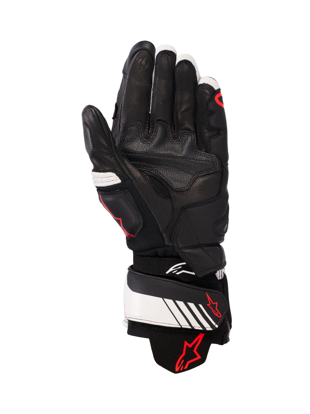 Alpinestars GP Plus R v3 læderhandsker, sort, hvid og rød fluo, håndfladevisning med fuld læderkonstruktion og forstærket polstring, hvid håndledsrem med rødt Alpinestars-logo, racer-inspireret beskyttelsesudstyr til motorcyklister