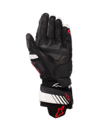 Alpinestars GP Plus R v3 læderhandsker, sort, hvid og rød fluo, håndfladevisning med fuld læderkonstruktion og forstærket polstring, hvid håndledsrem med rødt Alpinestars-logo, racer-inspireret beskyttelsesudstyr til motorcyklister