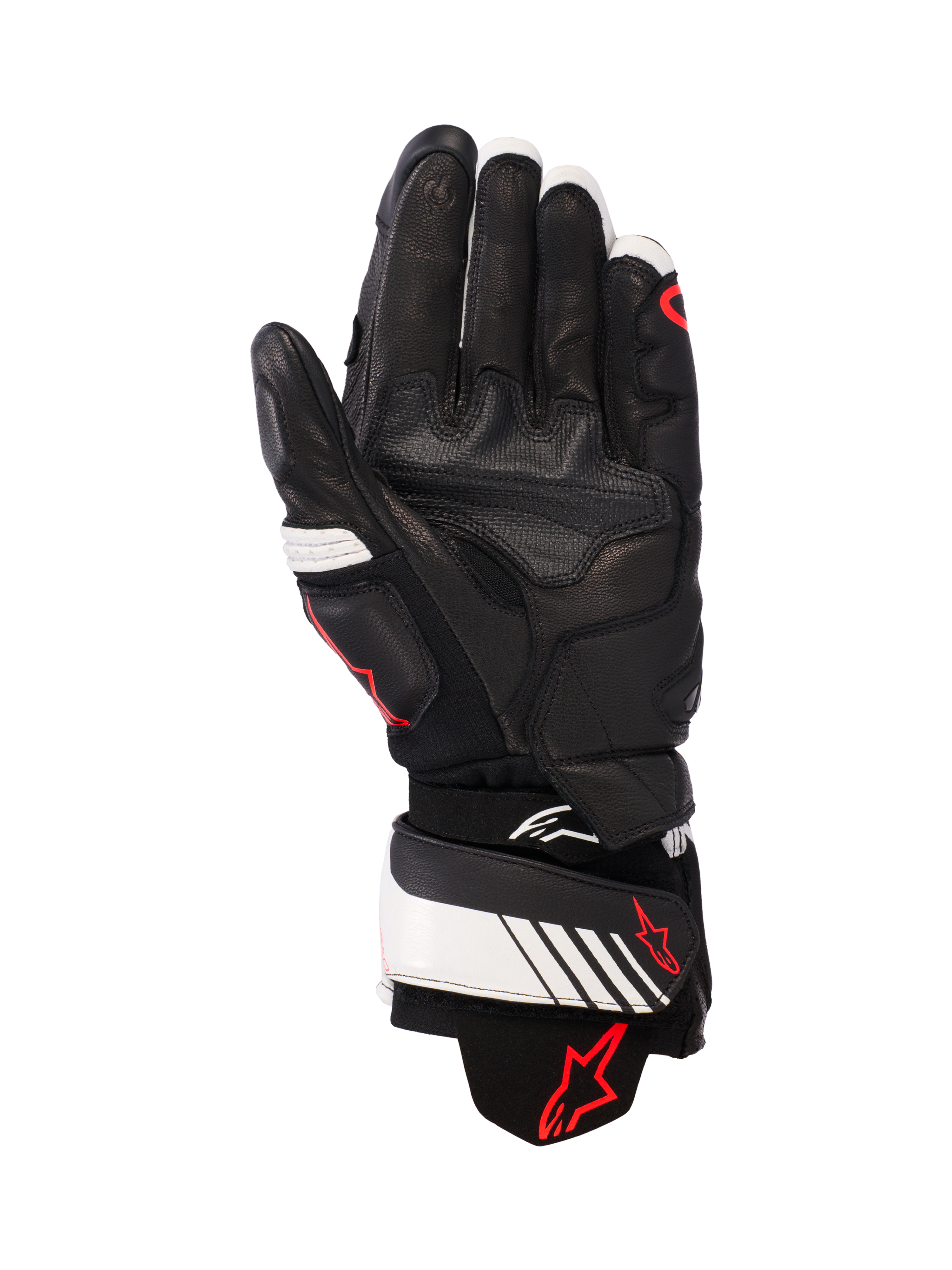Alpinestars GP Plus R v3 læderhandsker, sort, hvid og rød fluo, håndfladevisning med fuld læderkonstruktion og forstærket polstring, hvid håndledsrem med rødt Alpinestars-logo, racer-inspireret beskyttelsesudstyr til motorcyklister