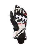 Alpinestars GP Plus R V3 læderhandsker, motorcykel racinghandsker, sort, hvid og rød fluo, premium læderkonstruktion med hård TPU-knobeskyttelse, perforerede paneler til ventilation, markant branding på den forlængede manchet