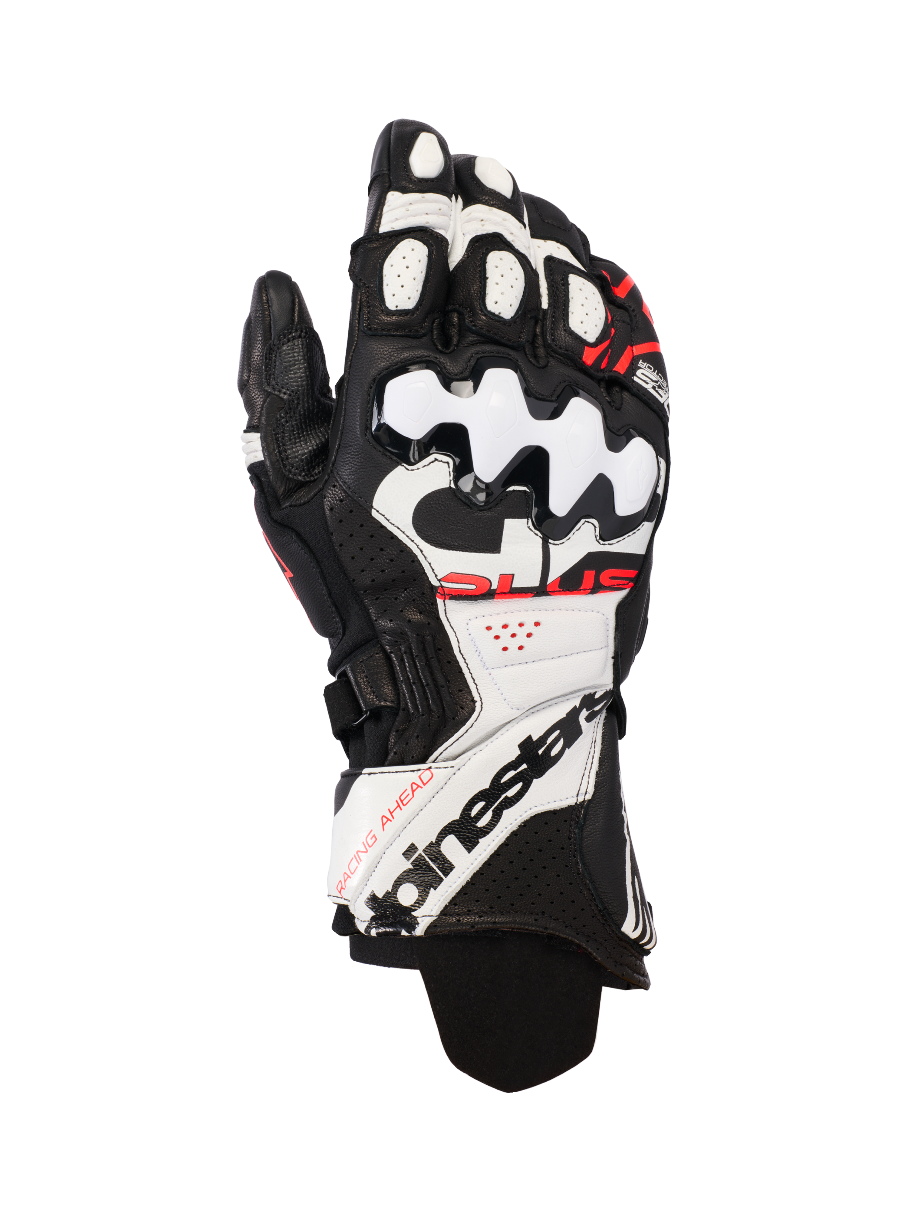 Alpinestars GP Plus R V3 Leather Gloves, Motorcycle Racing Gloves, Black White and Red Fluo, featuring premium leather construction with hard TPU knuckle protection, perforated panels for airflow, and bold branding on the extended cuff