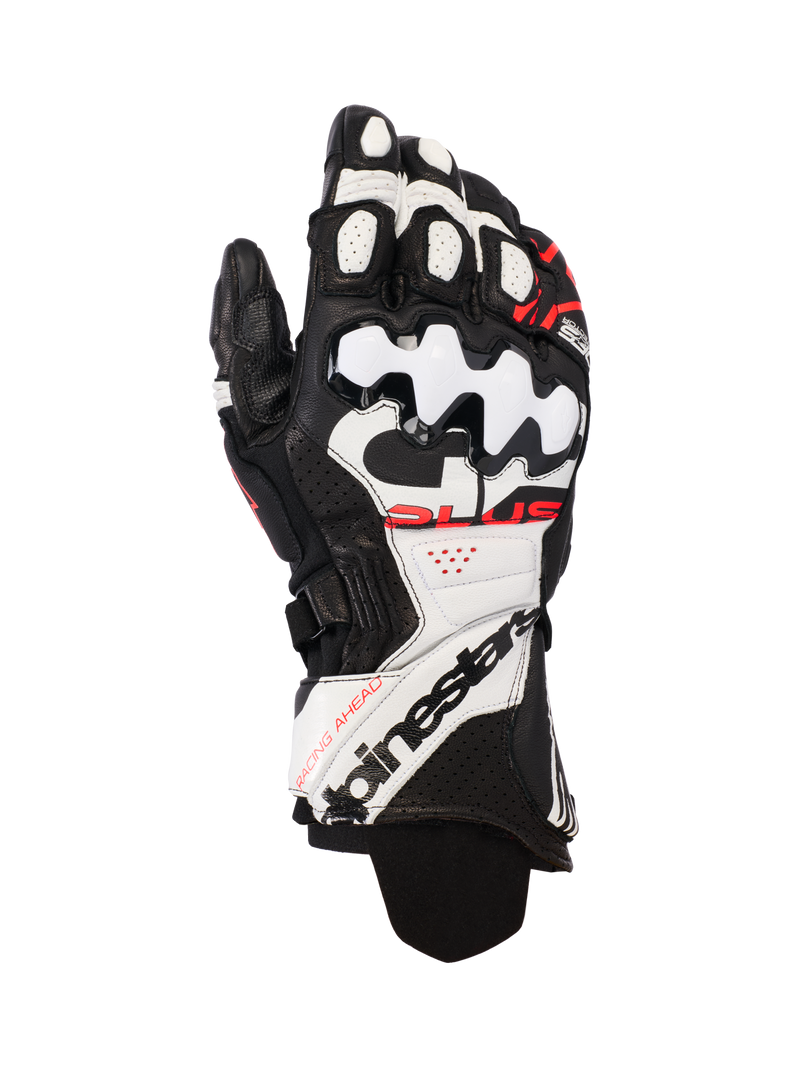 Alpinestars GP Plus R V3 læderhandsker, motorcykel racinghandsker, sort, hvid og rød fluo, premium læderkonstruktion med hård TPU-knobeskyttelse, perforerede paneler til ventilation, markant branding på den forlængede manchet