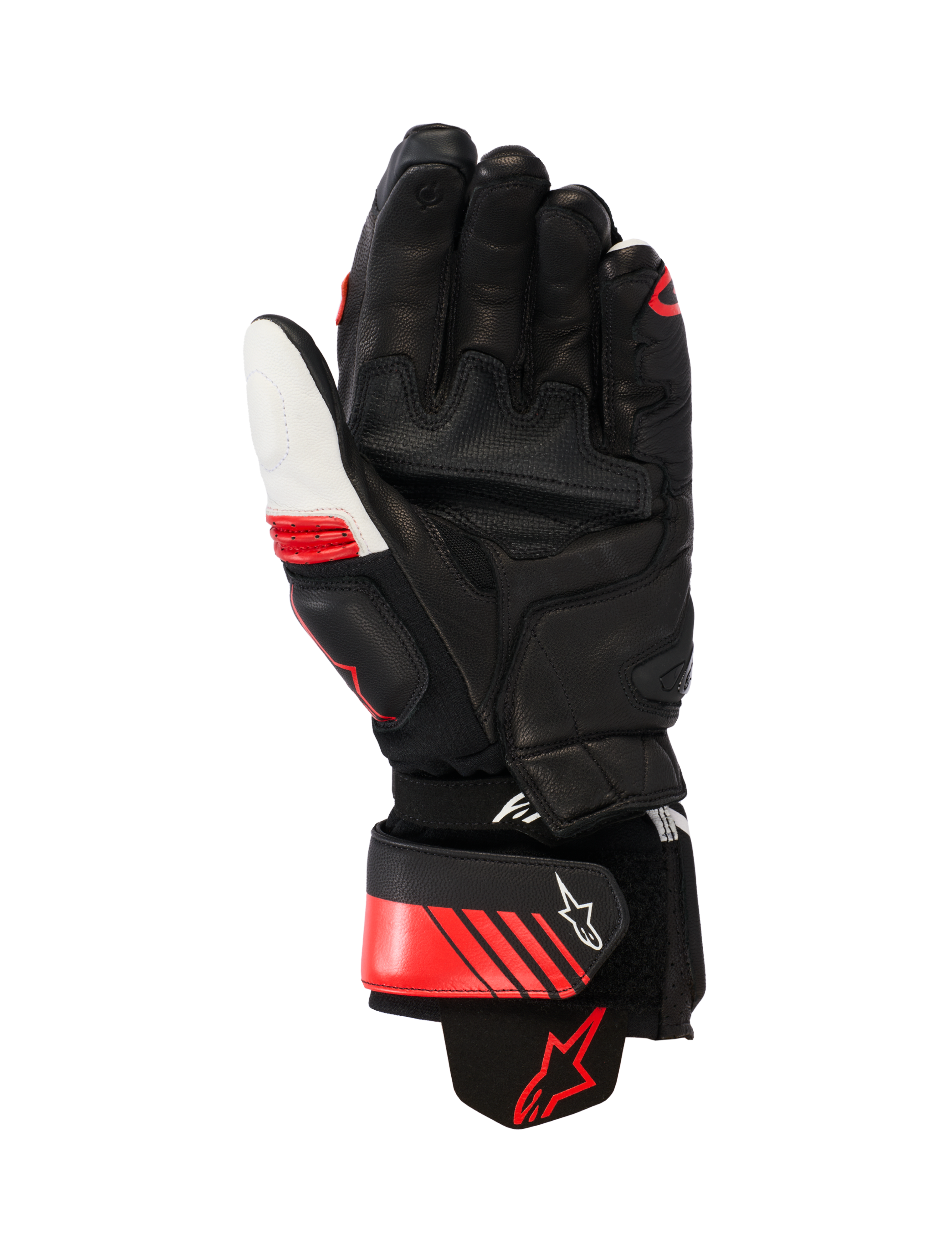 Alpinestars GP Plus R V3 Leather Gloves, Racing/Sport Motorcycle Gloves, Black White and Bright Red, palm view showing reinforced leather construction, palm sliders, and an aramid stretch cuff, featuring a secure wrist strap with Alpinestars logo and ergonomic pre-curved design