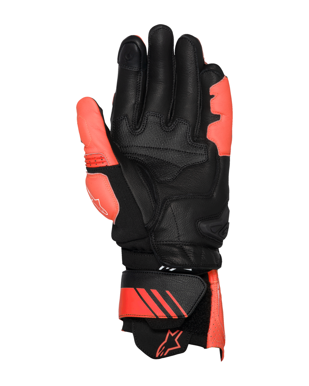 Alpinestars GP Plus R V3 læderhandsker, Bright Red, Red Fluo og sort, set fra håndfladen, med forstærkede læderområder på håndflade og tommelfinger, justerbar manchet med røde detaljer og logo, professionelt racingdesign
