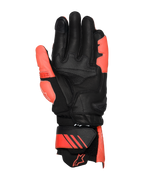 Alpinestars GP Plus R V3 læderhandsker, Bright Red, Red Fluo og sort, set fra håndfladen, med forstærkede læderområder på håndflade og tommelfinger, justerbar manchet med røde detaljer og logo, professionelt racingdesign
