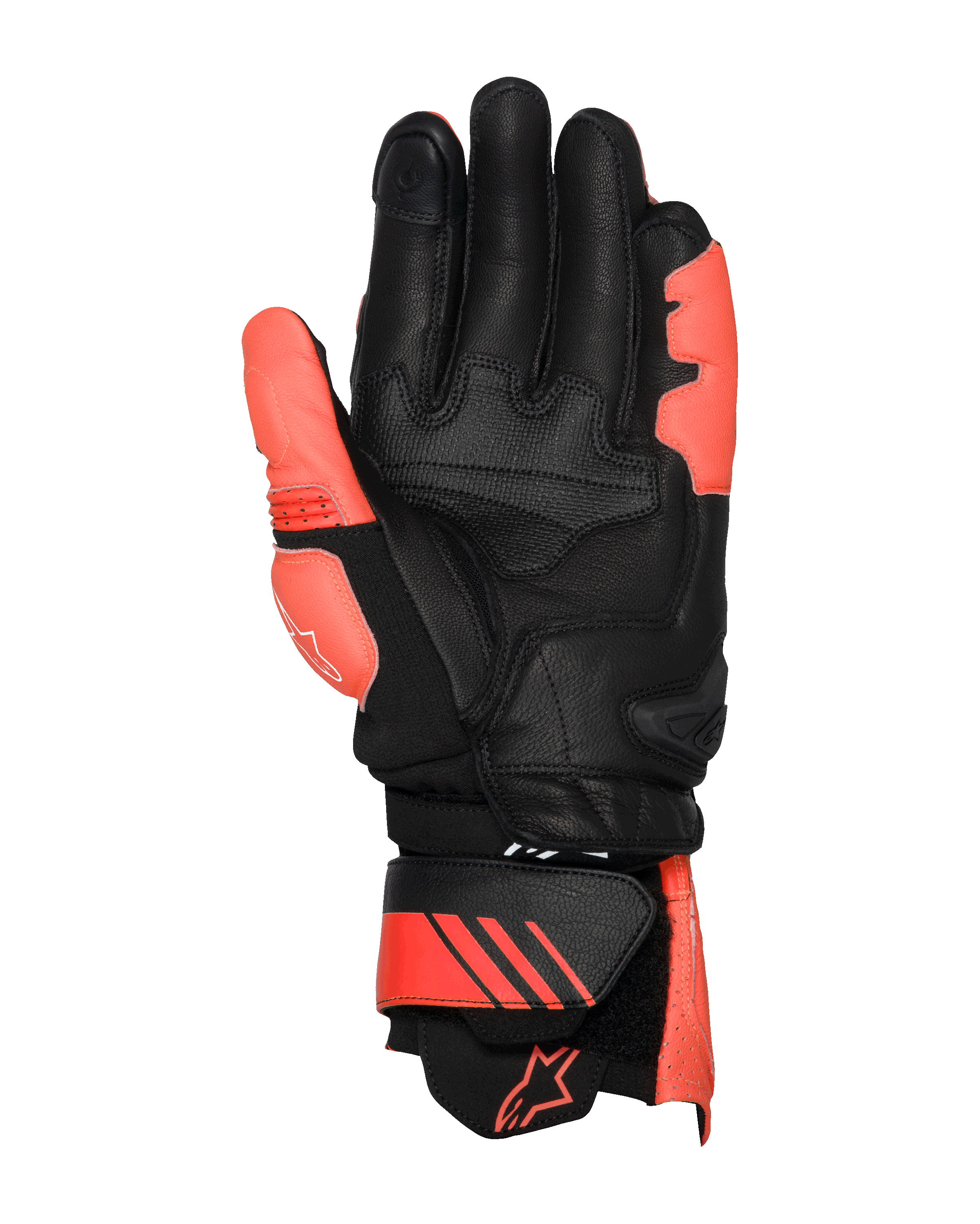 Alpinestars GP Plus R V3 læderhandsker, Bright Red, Red Fluo og sort, set fra håndfladen, med forstærkede læderområder på håndflade og tommelfinger, justerbar manchet med røde detaljer og logo, professionelt racingdesign